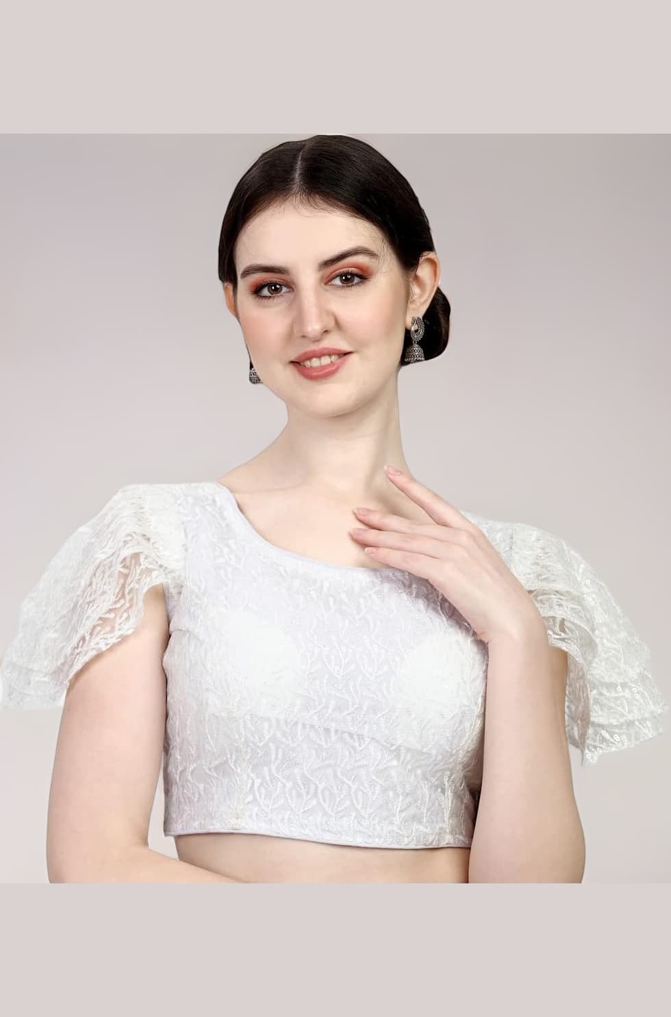 Pujia Mills Women's Shipali Net Work Ruffle Sleeve Readymade Saree Blouse