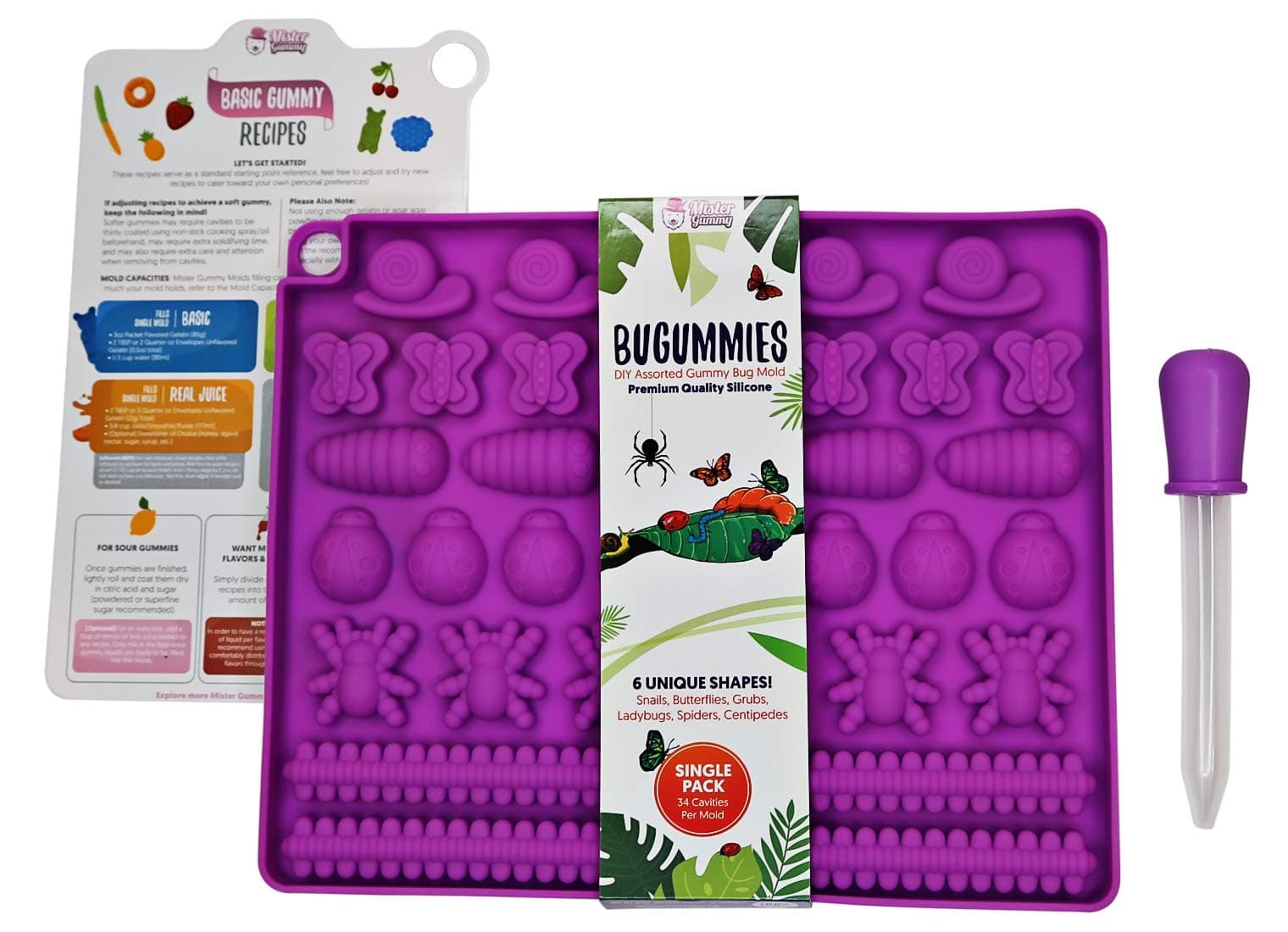 DIY Assorted BUGUMMIES Mold by Mister Gummy | PREMIUM Silicone | Gummy Bugs, Chocolate, Ice Cubes, Candy | Bug Mold + Dropper + Recipe Card + Reusable Zip Lock Bag (SINGLE PACK)