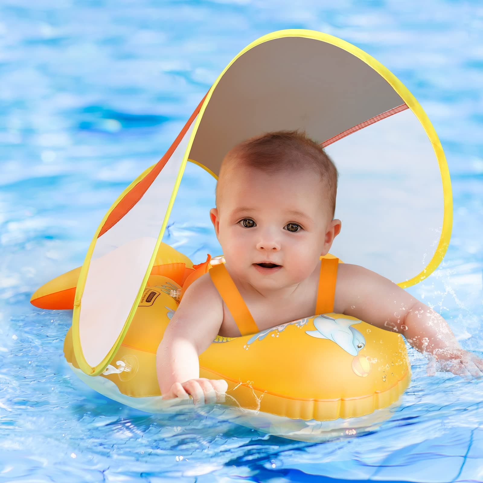 No Flip Over Baby Pool Float with Canopy UPF50+ Sun Protection, Inflatable Baby Float with Sponge Safety Support Bottom