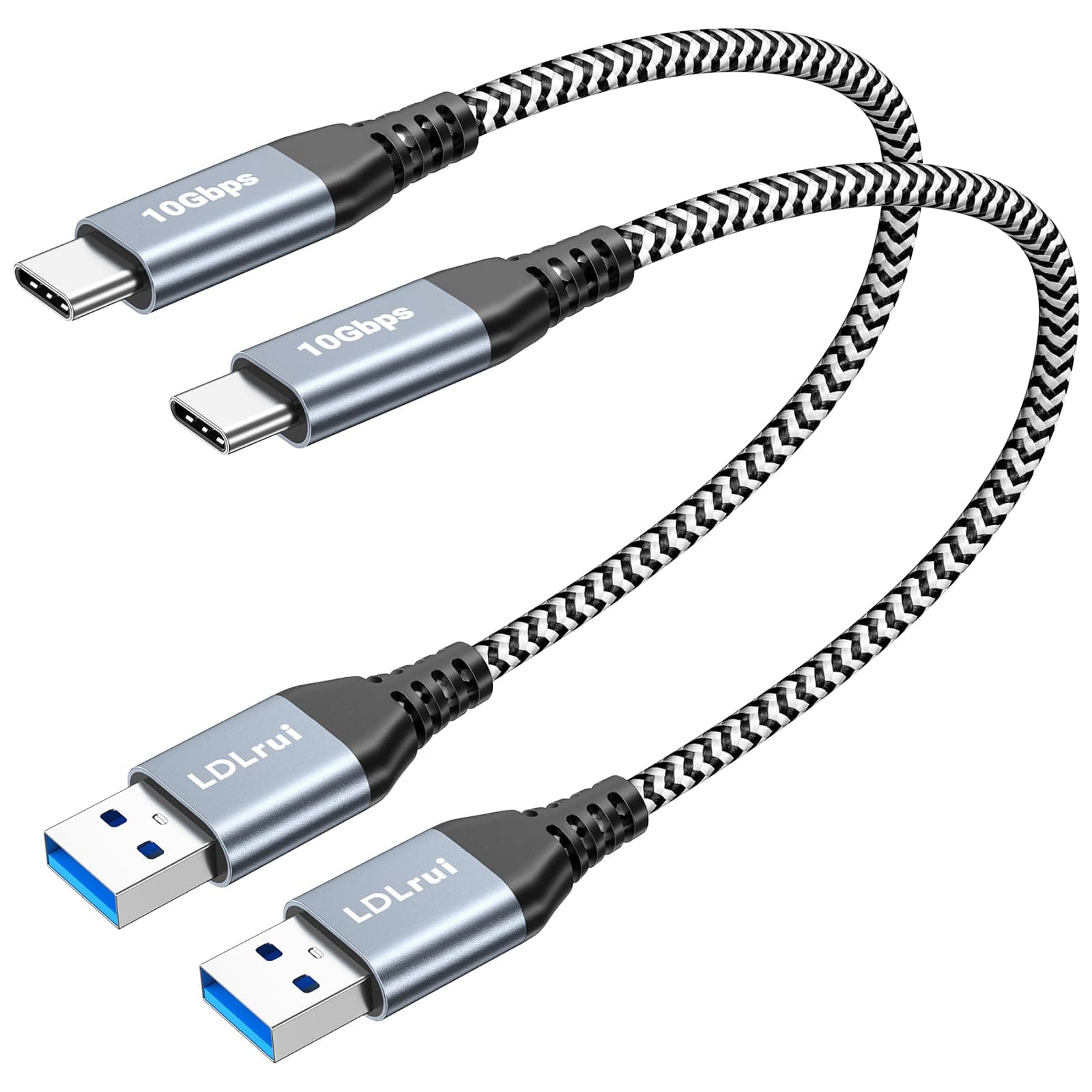 LDLrui USB A to USB C 3.1 Gen 2 Cable, Type C 3A Fast Charge & 10Gbps Data Sync Cable for MacBook, Galaxy S20, Samsung T7, Portable SSD, SSD, Oculus Quest, Android Auto, Black-and-White, 1FT, 2Pack