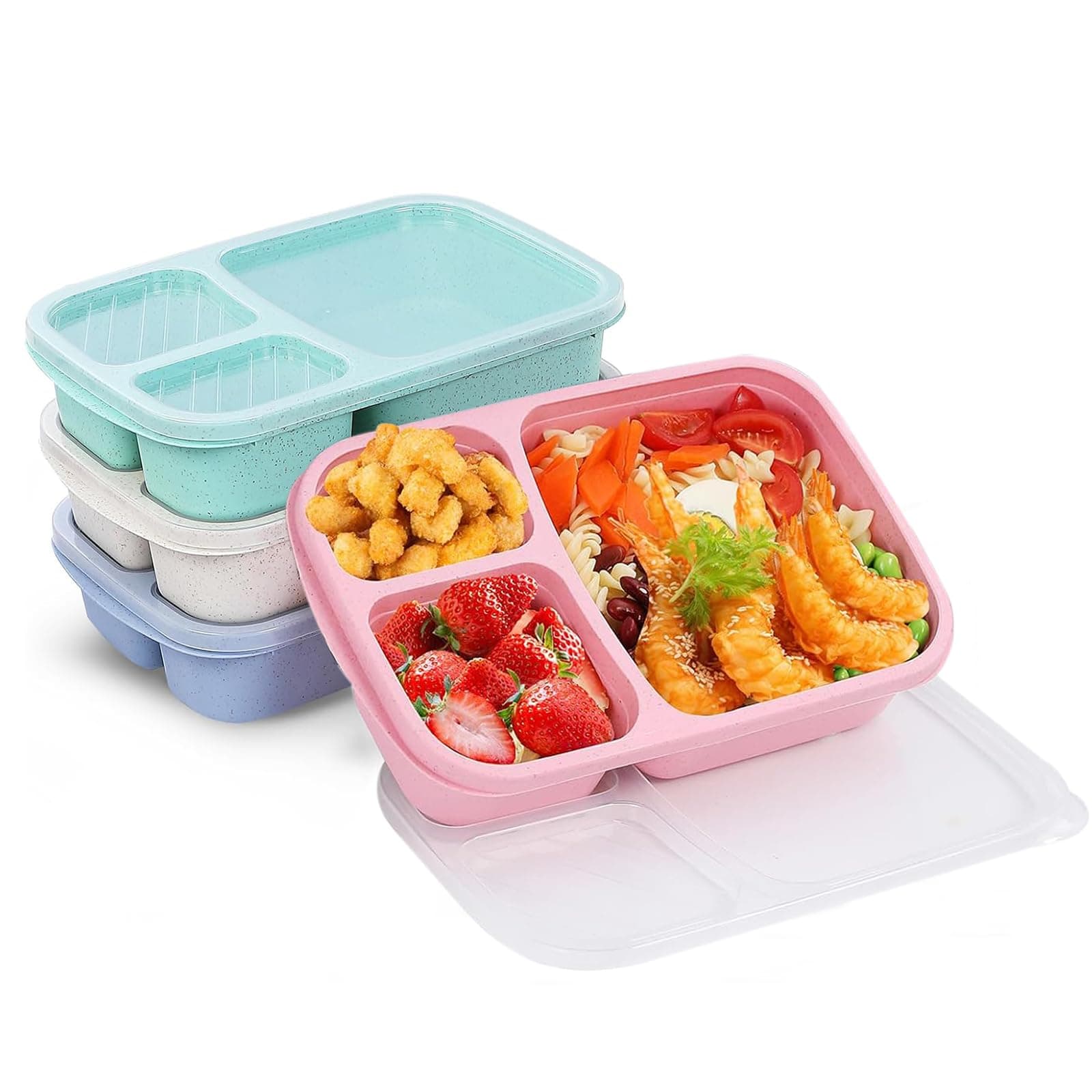 SPNOR 4 Pack Bento Lunch Box Set 3 Compartment Wheat Straw Meal Prep Food Storage Containers Plastic, Microwave and Dishwasher Safe