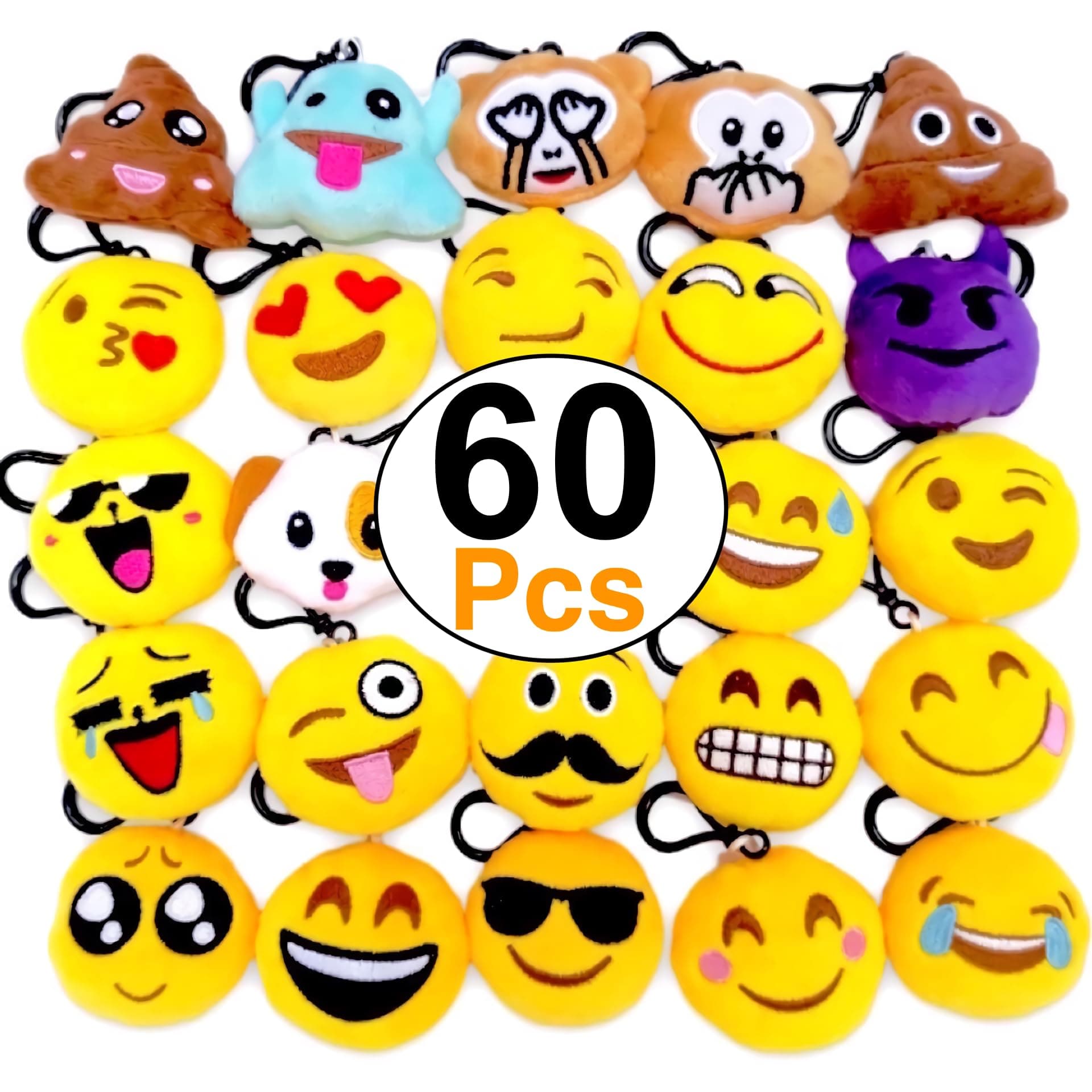 OHill 60 Pack Mini Plush Emoticon Keychain Mini Pillows Key Ring for Birthday Event Party Favors Supplies