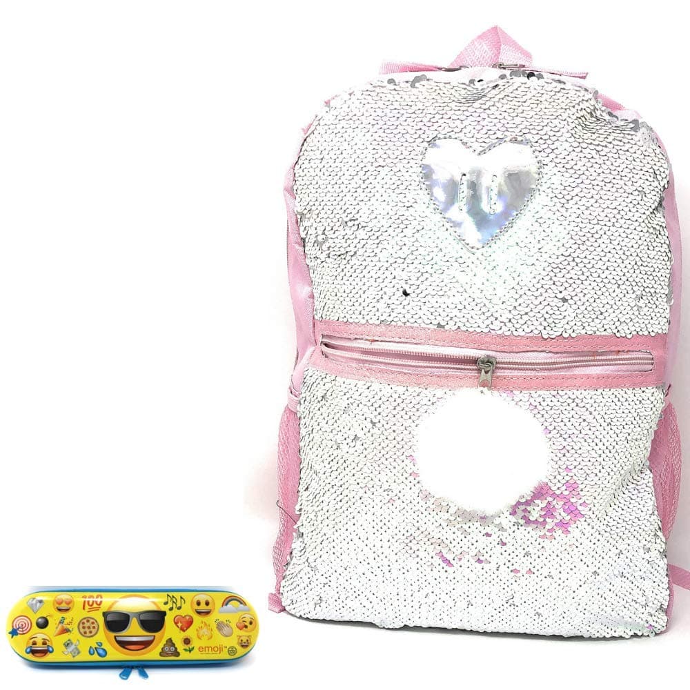 School BackPack 3in1 Pearl/Pink Iridescent 16” Double Sided Sequin W/WhiteFeather Pom Pom and Silver Foil Heart Detail and Emoji Pencil Box