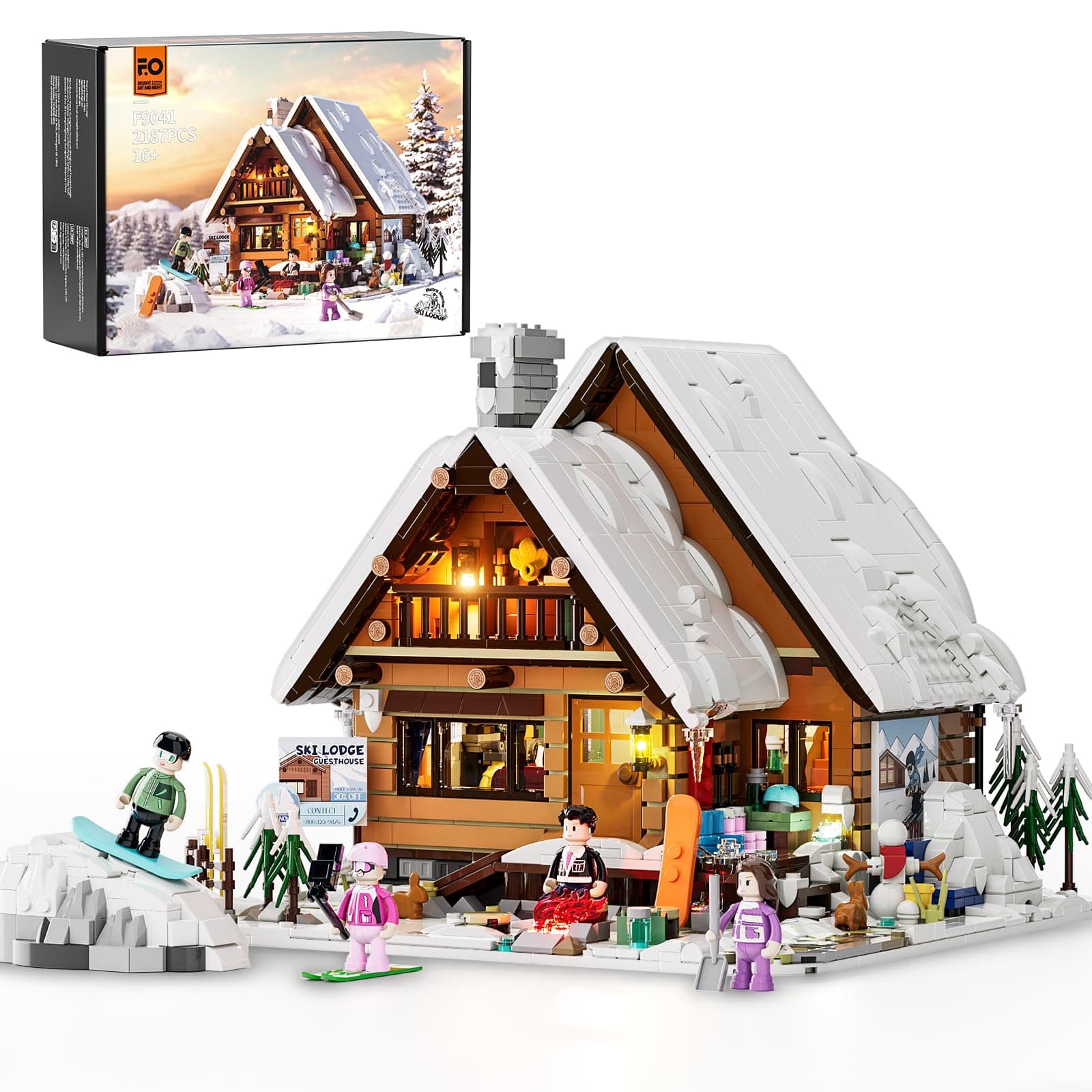 – FUNWHOLE Ski Lodge Building Set with LED Lights – 2187 Bricks Retro Chalet Model | Winter Landscape to Build | Spring & Summer Decoration | Gift Idea for Teens & Adults