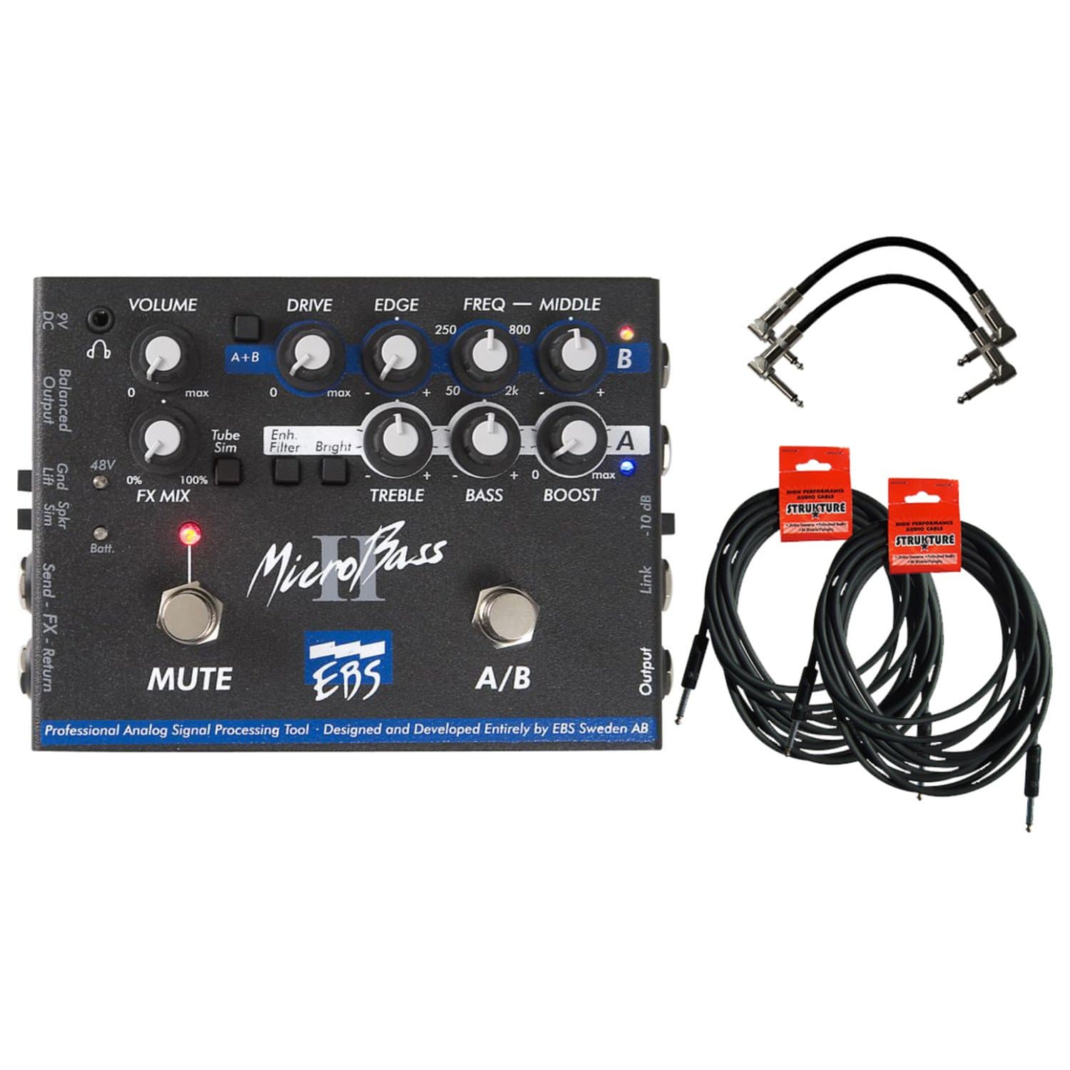 EBS Micro Bass II Preamp Microbass Pedal w/ 4 Cables