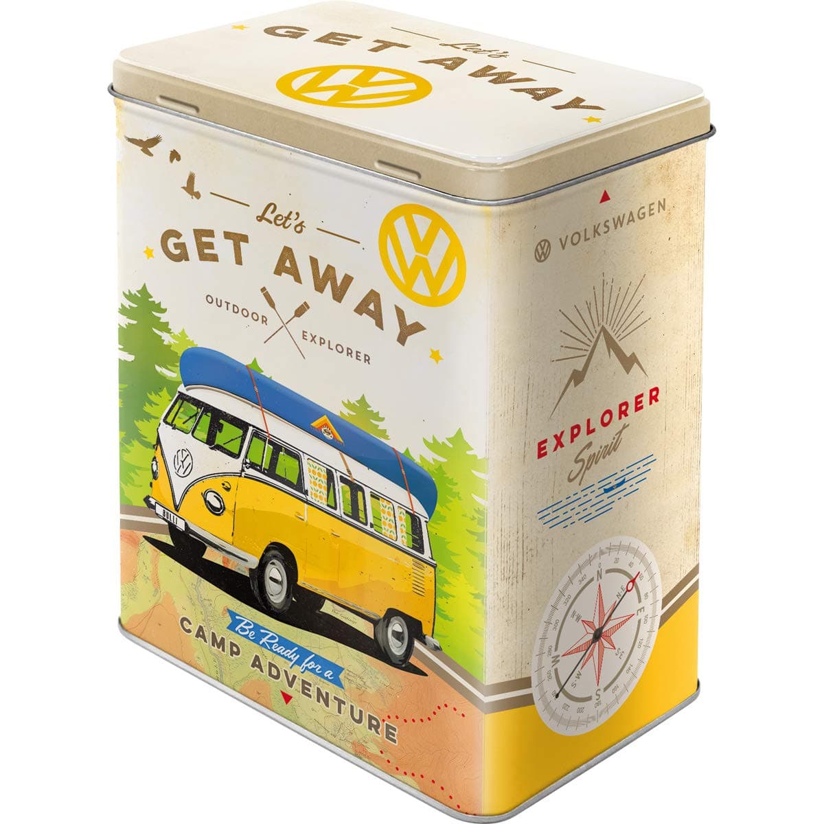 Retro storage tin box L, 101.4 oz, VW Bulli – Let's Get Away – VW Bus Gift idea, Official License Product (OLP), large metal coffee can, vintage design