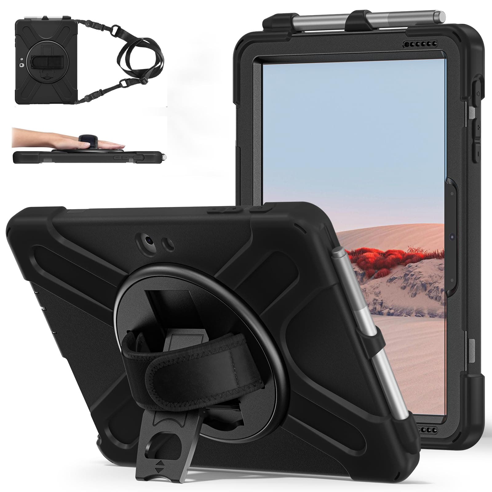 ZenRich Rugged Case for Surface Go 4 (2023)/Surface Go 3 (2021)/ Surface Go 2 (2020), Surface Go (2018) with Pen Holder Heavy Duty Shockproof Case with Stand Hand Strap and Shoulder Belt-Black
