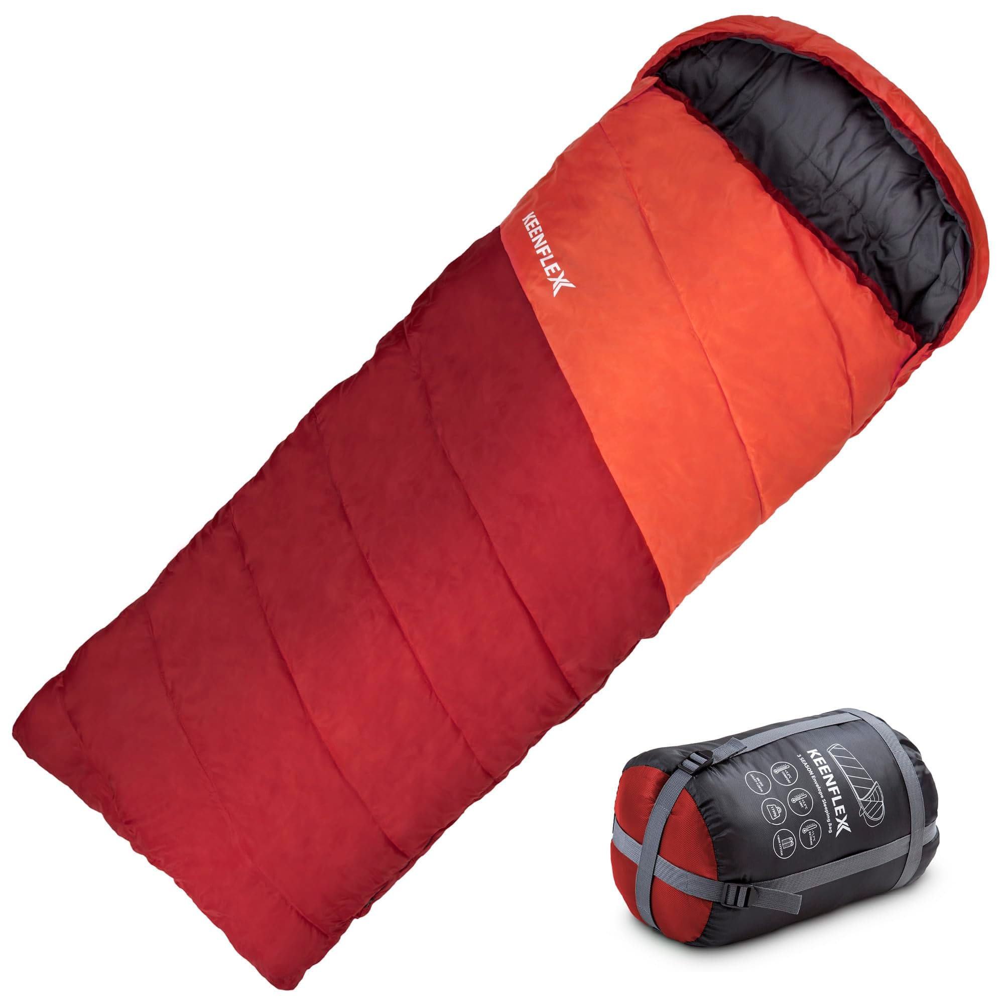 KeenFlex Envelope Sleeping Bag 3 Season Extra Warm Waterproof Advanced Heat Control System – Ideal for Camping Backpacking Hiking Festivals Twin System