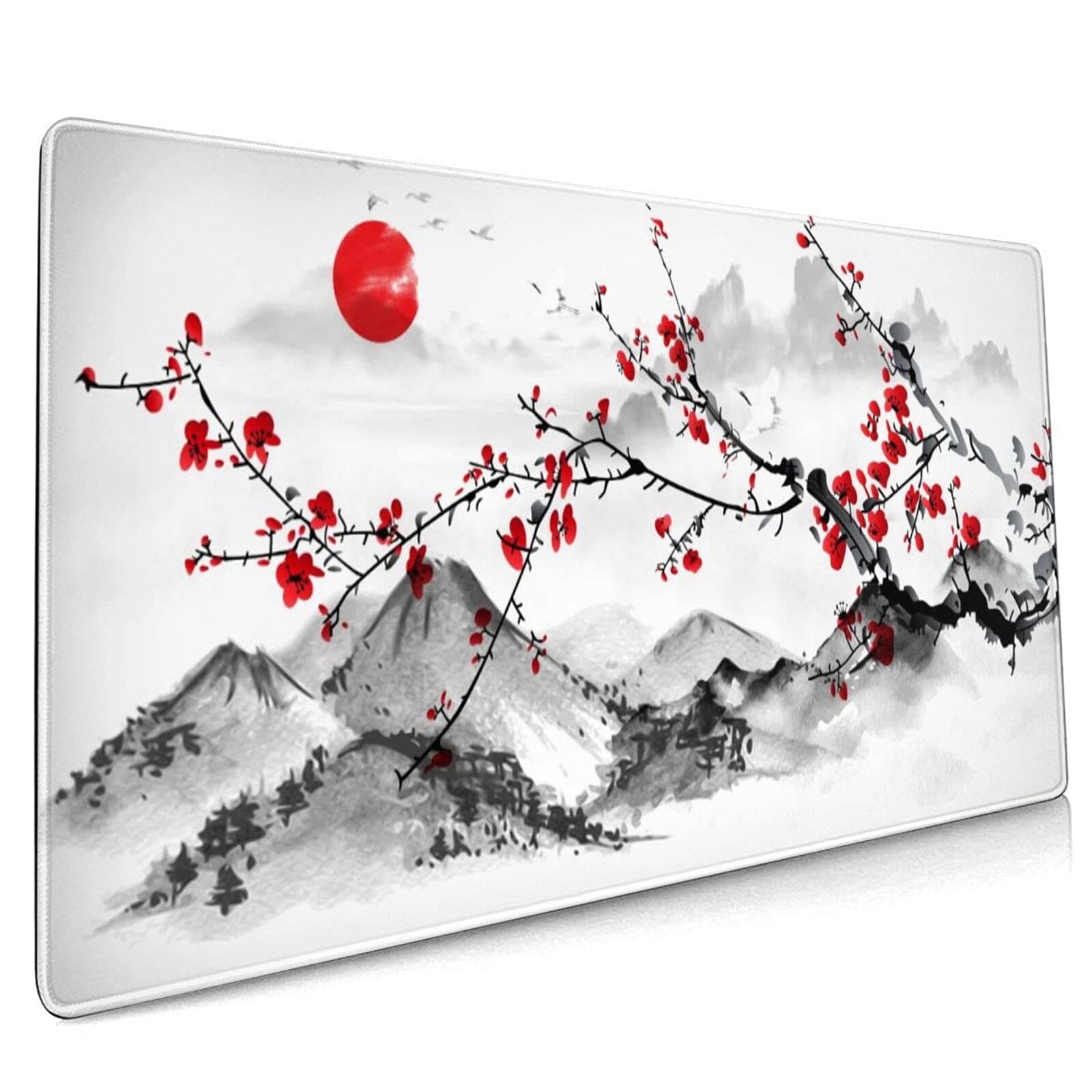 Sweetshow Extended Large Gaming Mouse Pad 35.4 X 15.7 Inch XXL Full Desk Japanese Art Style Cherry Blossom & Sakura Mousepad Non-Slip Rubber Base Big Keyboard Mat with Stitched Edges for Home Office