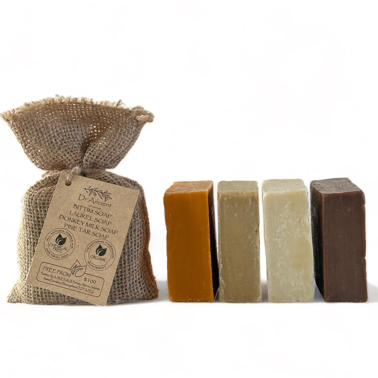 Dr.Ancient Donkey Milk Soap + Pine Tar Soap + Aleppo Soap + Bittim Soap Organic Natural Traditional Handmade Antique - Absolutely No Chemicals!