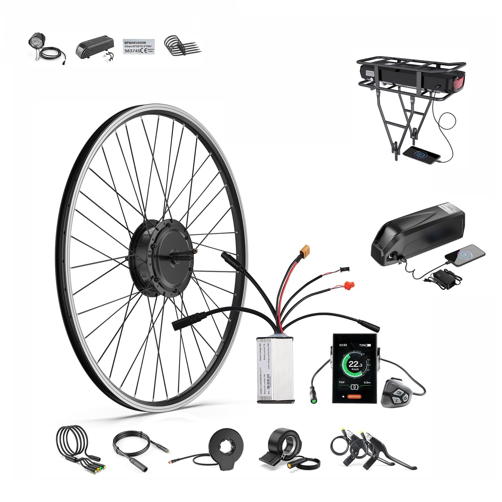 BAFANG Ebike Conversion Kit with Battery - 48V500W Brushless Geared Front Hub Motor, DIY Electric Bike Motor Kit with Digital Display&PAS,4 Riding Modes for 20"/26"/700C-28-29" MTB City Road Bike