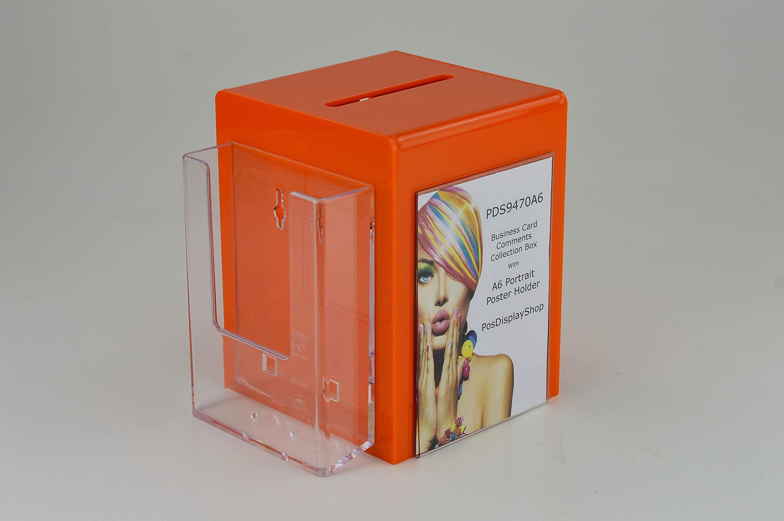 Pos Display Shop Small Orange Comment Box Collection Box Suggestion Box with A6 Leaflet Holder and Poster Holder PDS9470A6 Orange