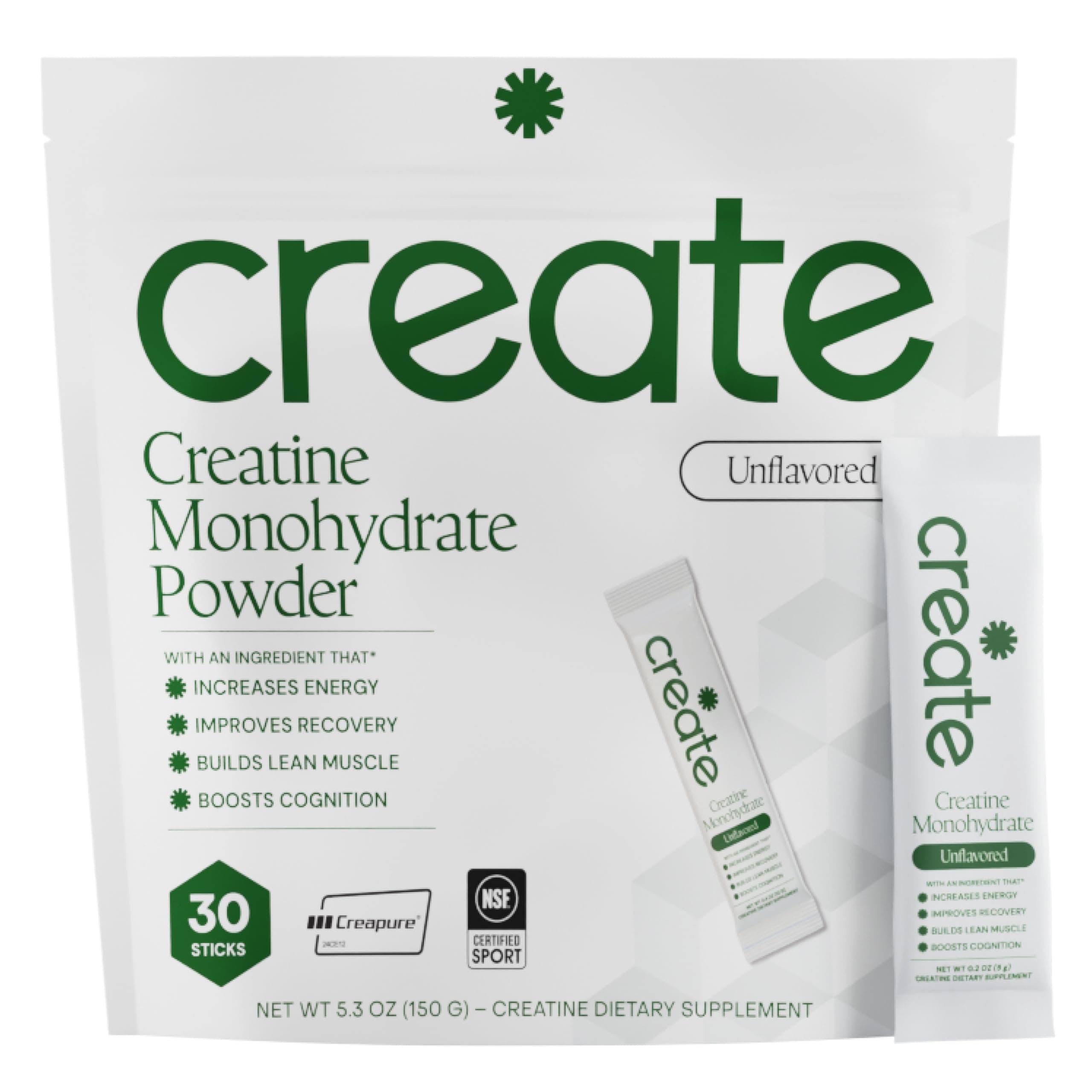 Create Creatine Monohydrate Powder - Micronized Creatine Travel Packets, Made with Creapure, 3rd Party Tested & NSF Certified for Sport, 30 Stick Packs, Unflavored