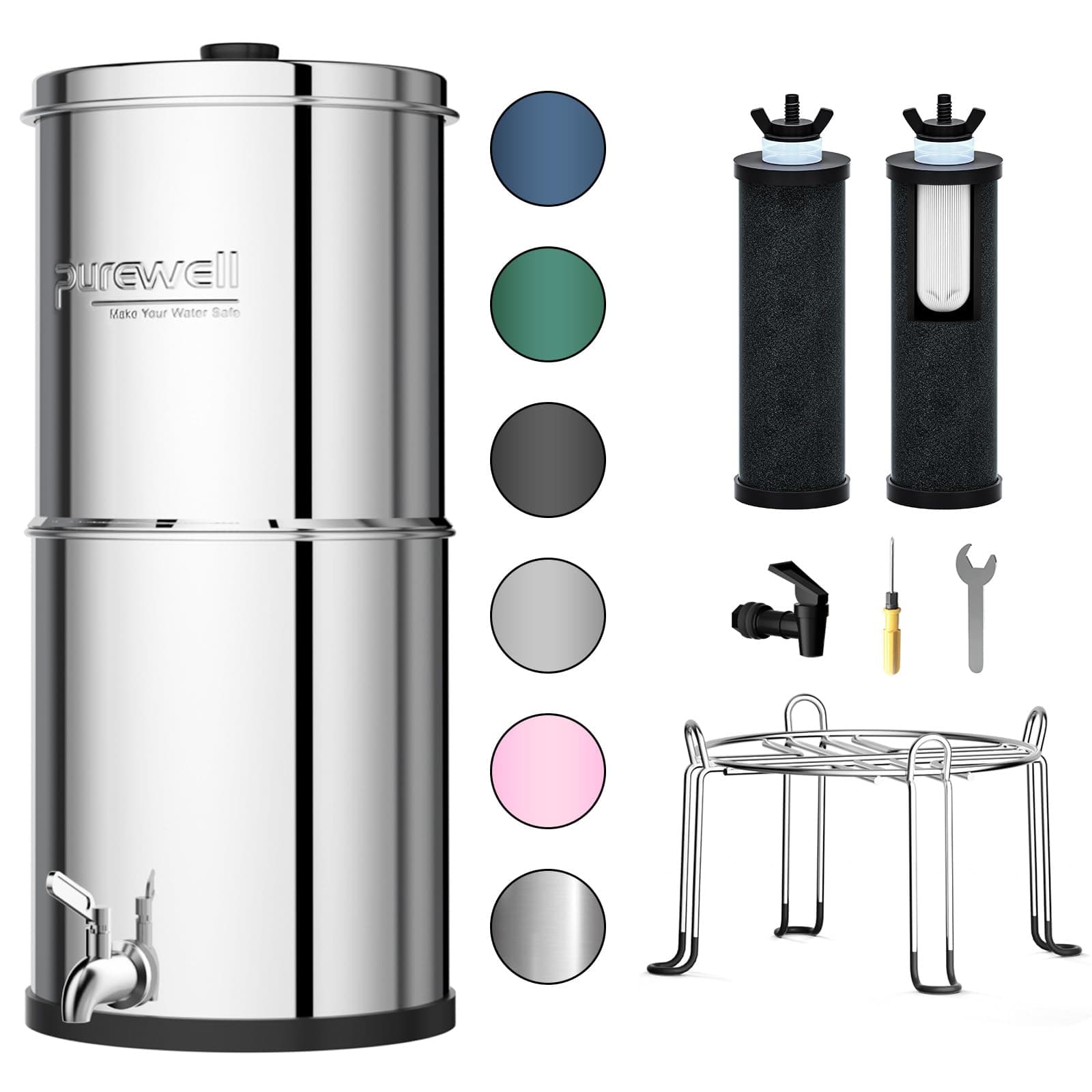 2.25 Gallon Stainless Steel Gravity Water Filter System with 2 Black Purification Elements, Countertop Filtration System for Home and Outdoor Use