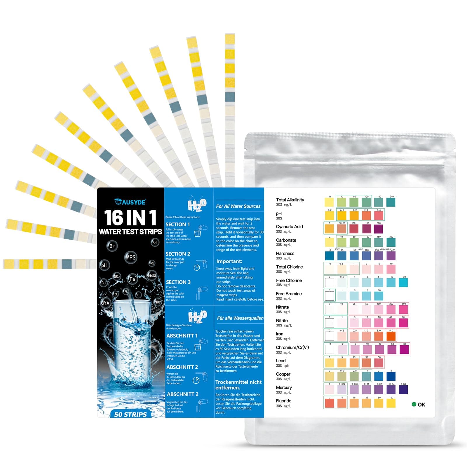 50-Pack 16-in-1 Water Test Strips for Drinking Water - Measure Water Hardness, Free Chlorine, Iron, Copper, Lead, Nitrate Content and More