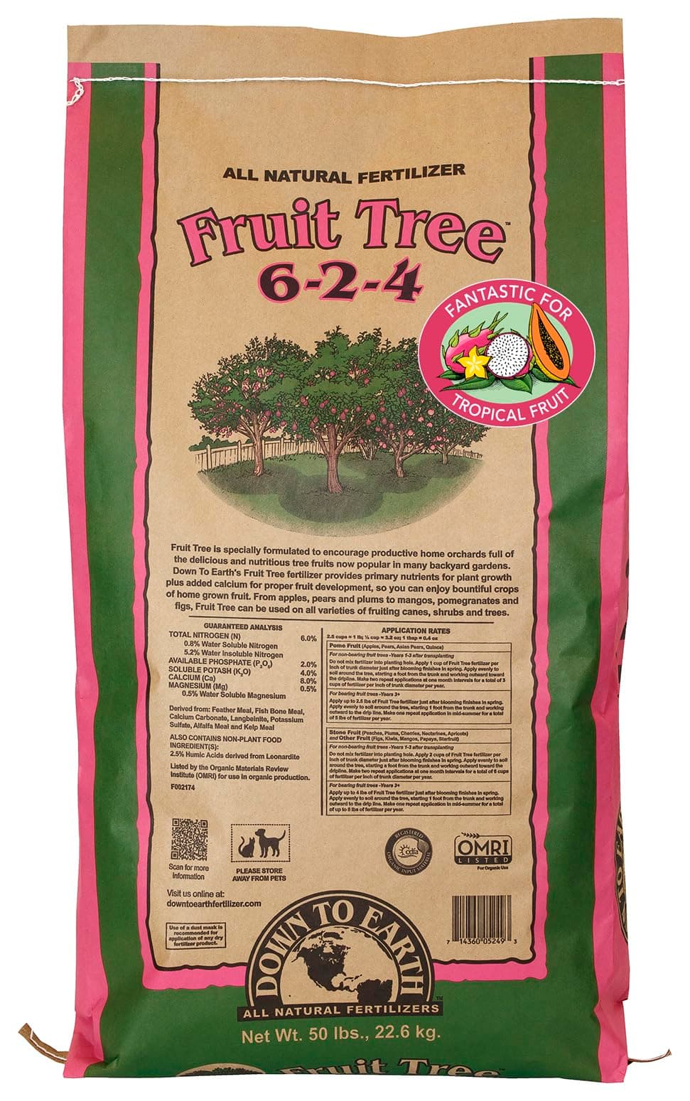Down To Earth All Natural Fertilizers Organic Fruit Tree - Plant Food for Apples, Pears, Plums and Tropical Fruit Trees 6-2-4, 50 lb