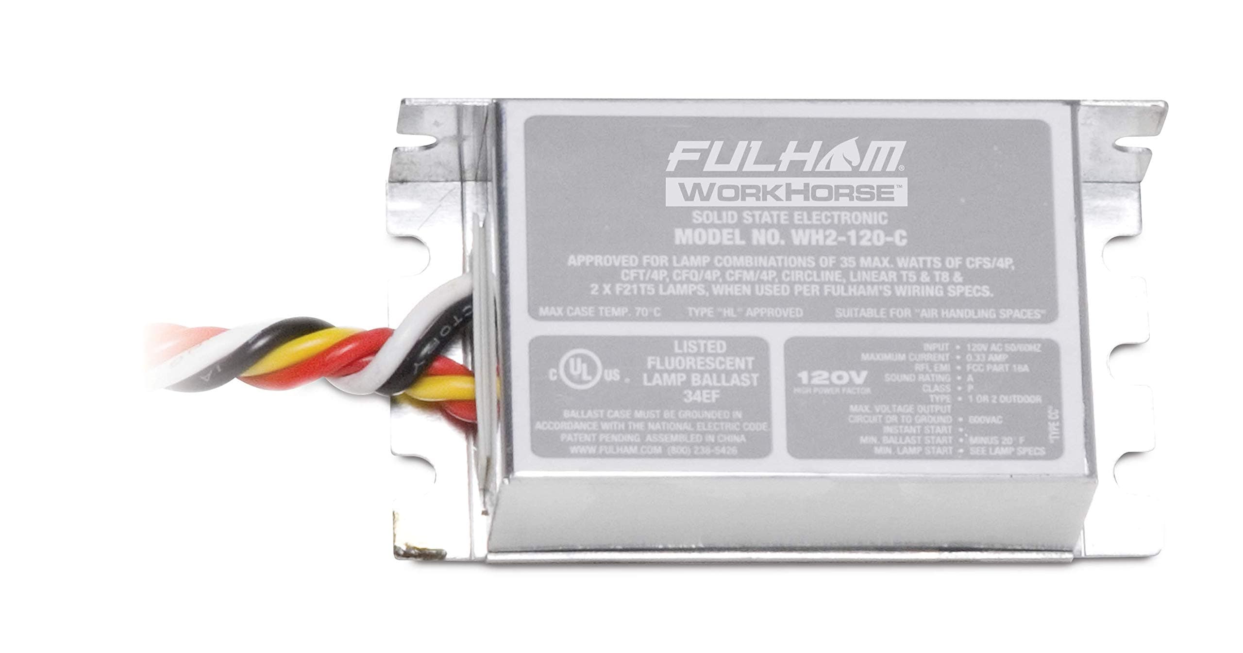 Workhorse WH2-120-C Electronic Ballast, 120V Instant Start, Multi-Lamp T5/T6/T8/CFL Compatible, Class P, cUL Listed, 1 or 2 Lamp