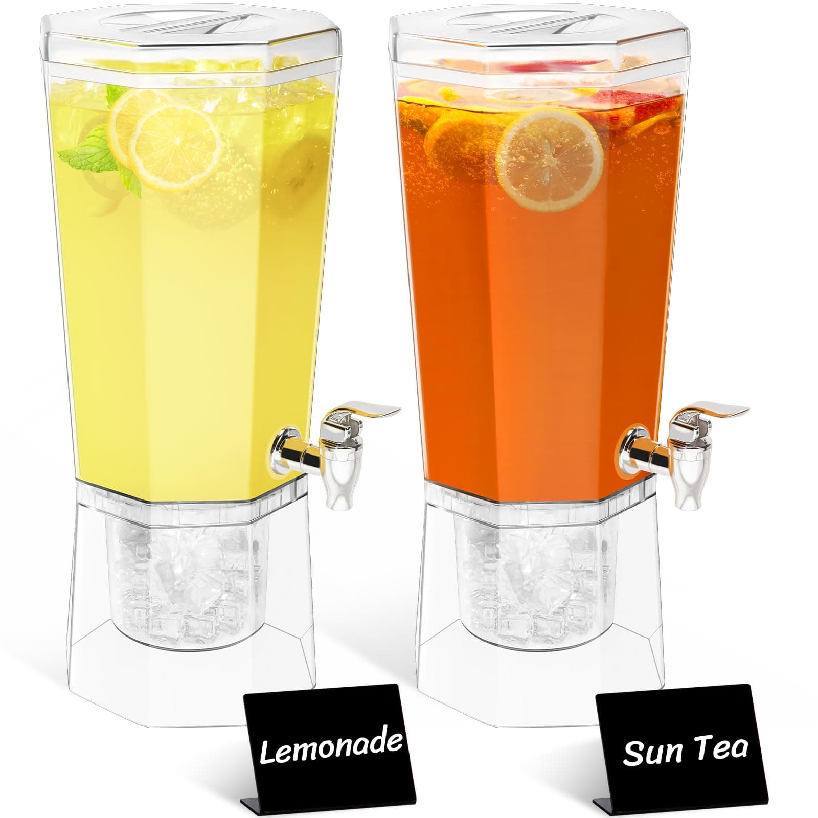4L Plastic Drink Dispenser 2 Pack, Juice Containers with Lid for Party, Ice Beverage Dispenser with Stand for Lemonade/Soda/Tea, BPA Free 39 x 16 cm/15x6