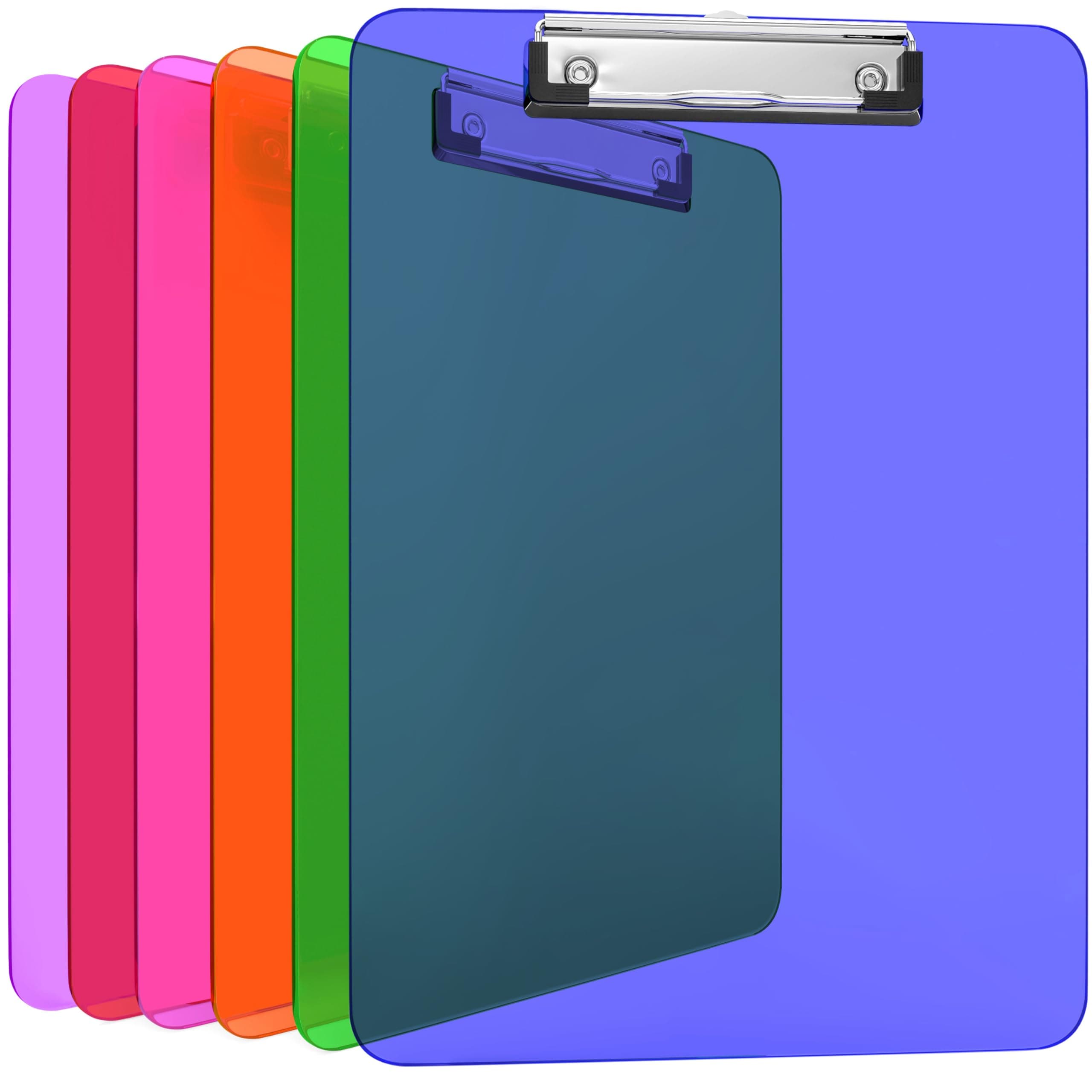 Kiggos 6 Pack Acrylic Colored Clear Clipboards Transparent Clipboards with Low Profile Metal Clip 12.5 x 9 Inch Letter Size Classroom Set with Hanging Hook Holds 100 Sheets