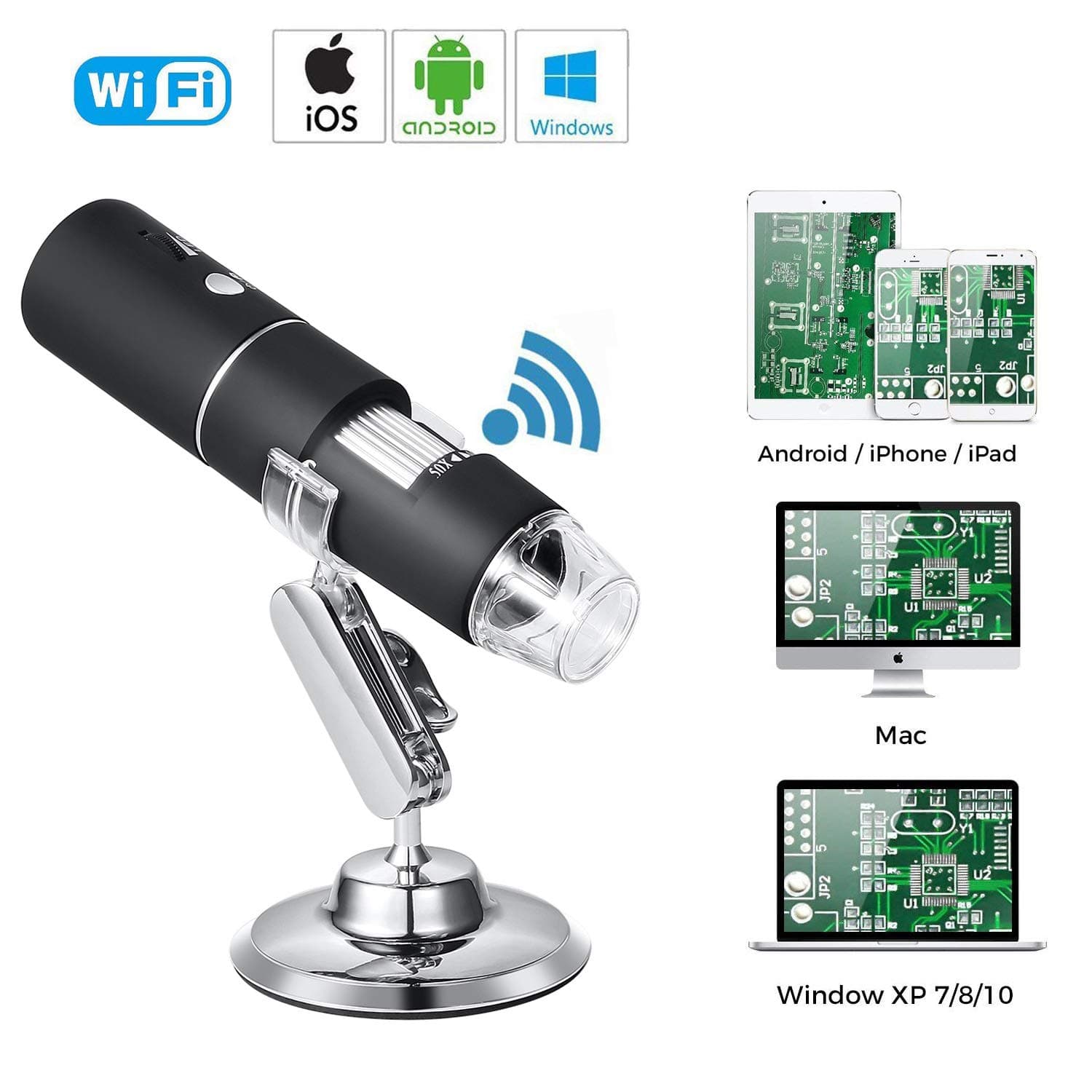 Yugoo Wireless WiFi USB Digital Microscope 1080P HD Handheld WiFi Microscope with 2MP Camera, 50x to 1000x Magnification and 8 Built-in LEDs for iOS, Android, Tablet, Windows
