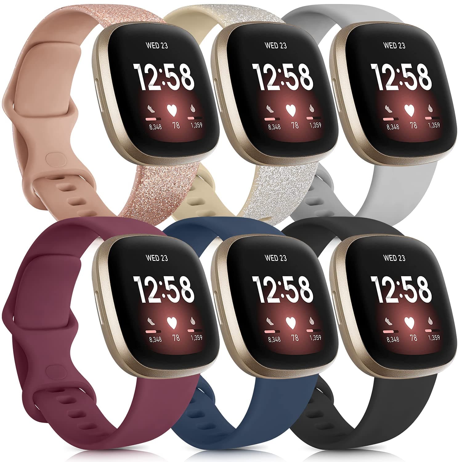 6 Pack Sport Bands Compatible with Fitbit Versa 3 Bands/Fitbit Sense Bands, Classic Soft Silicone Replacement Wristbands for Fitbit Versa 3 Smart Watch Women Men (Small, 6 Pack E)