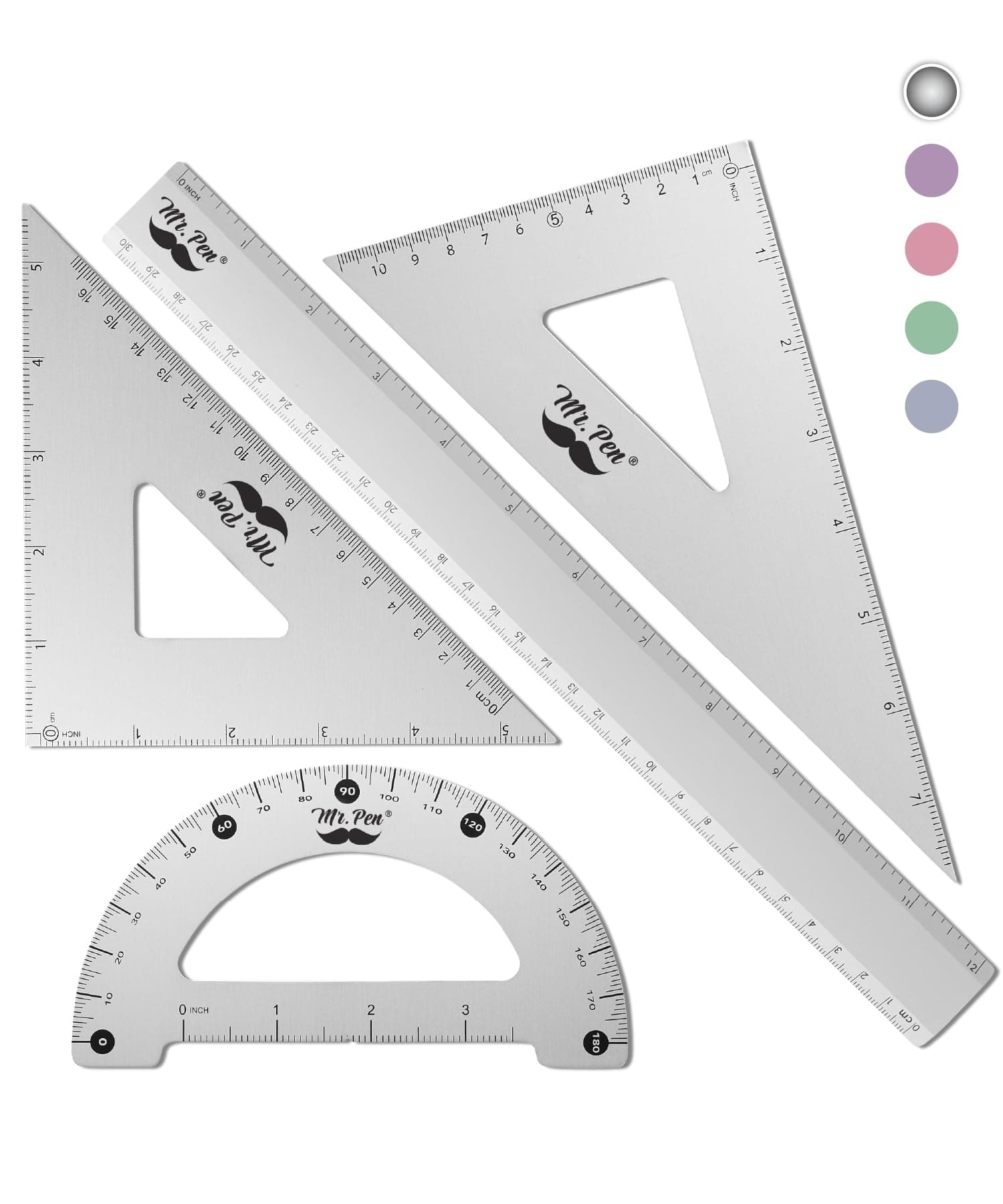 Mr. Pen Metal Geometry Kit - 4Pack Set Square, Protractor, Aluminum Ruler, Drafting Triangles