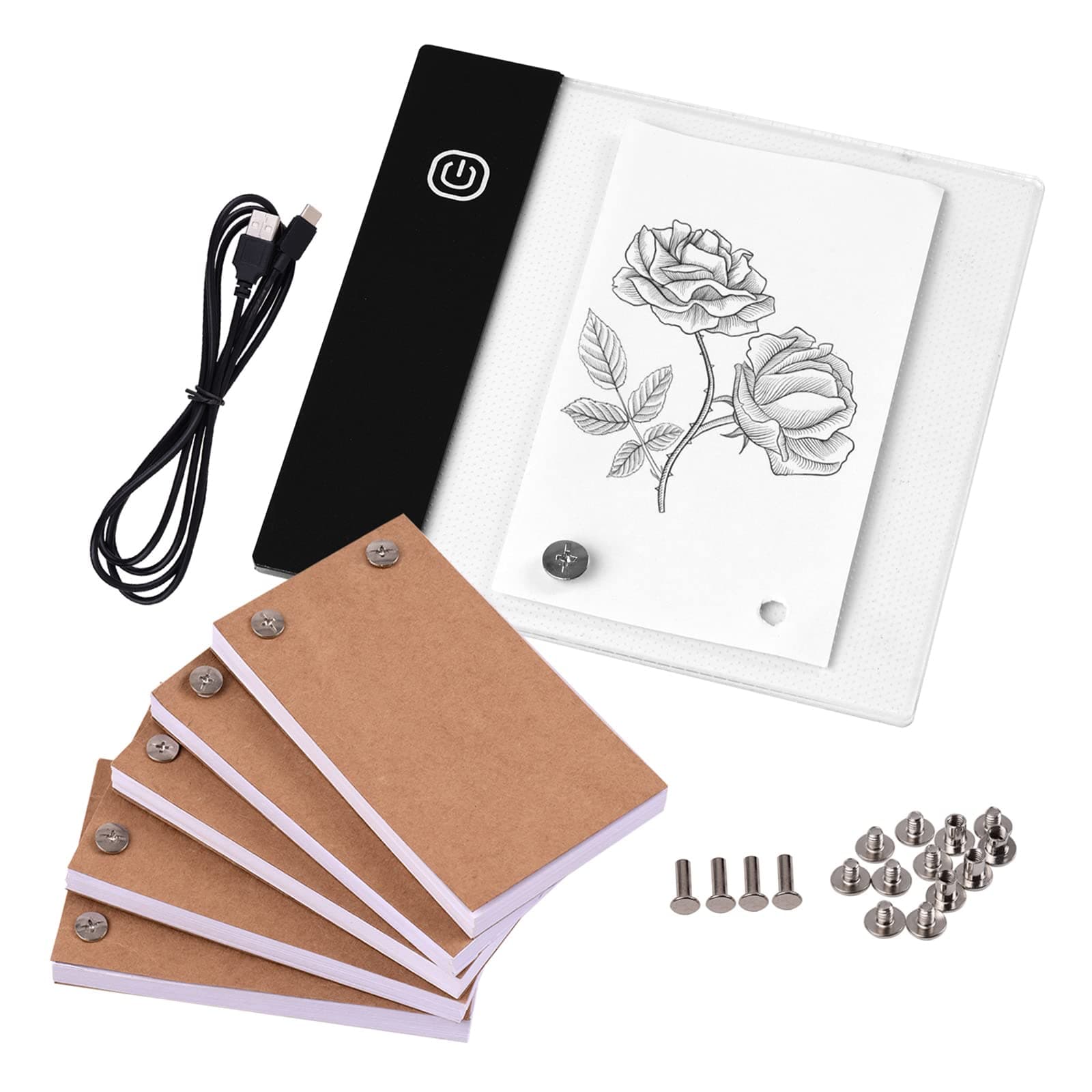 Flip Book Kit with Mini Light Pad LED Lightbox Tablet Design with Hole 300 Sheets Flipbook Paper Bg Screws for Drawing Tracing Animation Sketching Cartoon Creation