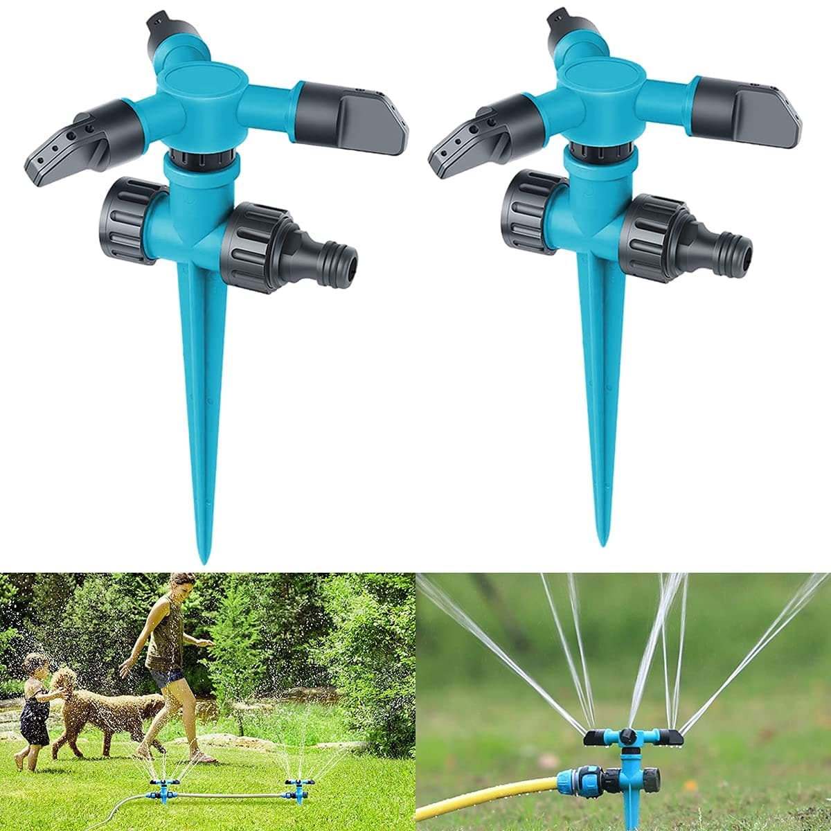 360° Rotation Auto Irrigation System, Automatic Rotating Sprinkler 3 Arms Lawn Water Sprayer Adjustable Watering Irrigation System for Garden Yard Plants Flowers Veggies Summer Outdoor Play (2Pcs)