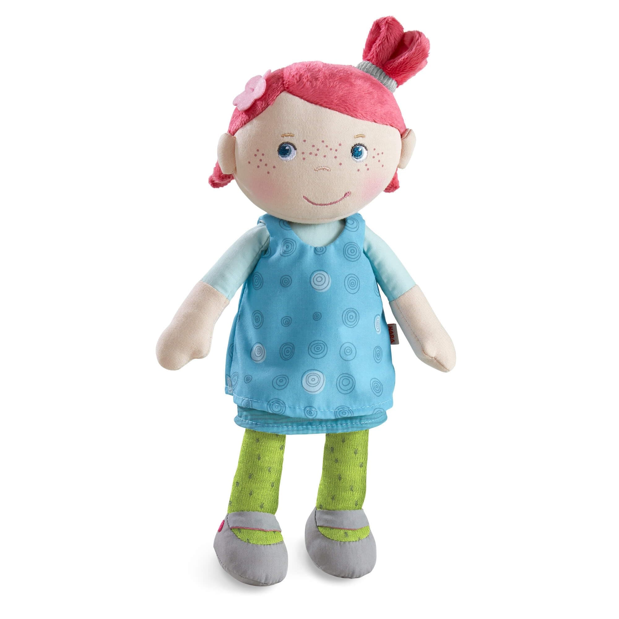 HABA Snug Up Philine - 10" Soft Doll with Embroidered Face, Pink Pigtail and Removable Blue Dress - Machine Washable - Perfect First Doll and Stuffed Cuddle Companion for 18 Months and Up