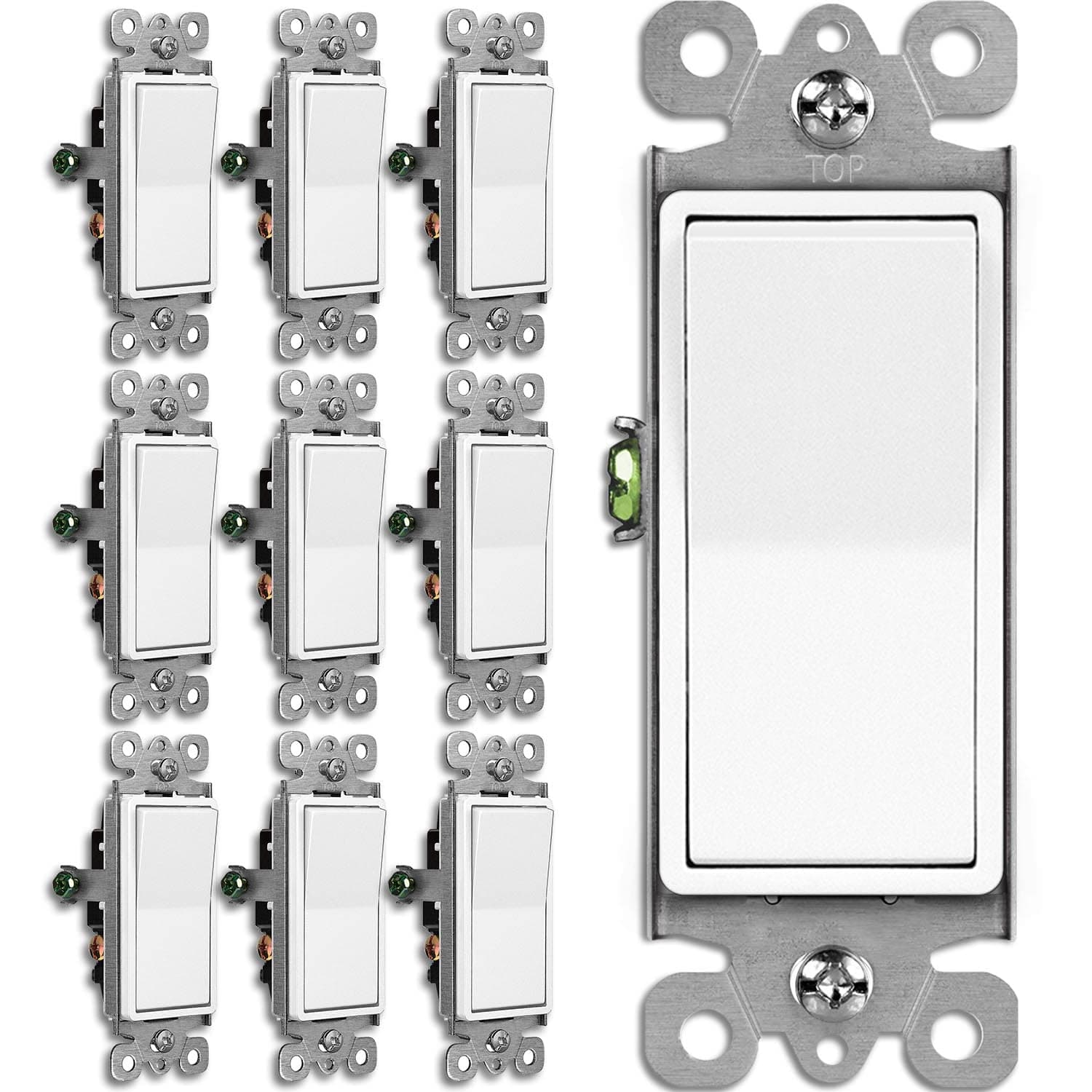 BESTTEN 10 Pack 3-Way Decorator Light Switch, 15A 120/277V, Single Pole or Three Way, Rocker Paddle Wall Switch, On/Off Rocker Interrupter, UL Listed, White