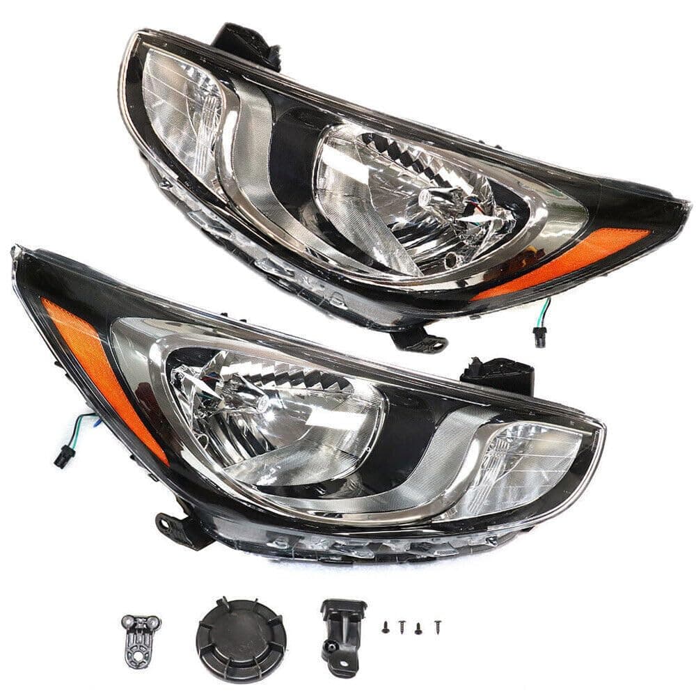 For 2012 2013 2014 Hyundai Accent Halogen Headlights, Headlight Assembly Black Shell Transparent Lens, Left Driver + Right Passenger Side (Left and Right Side)