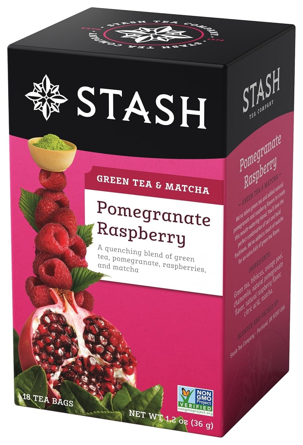 Tea Pomegranate Raspberry Green Tea & Matcha Blend 18 Count Tea Bags in Foil Individual Green Tea Bags for Teapots Mugs or Teacups, Brew Hot Tea or Iced Tea