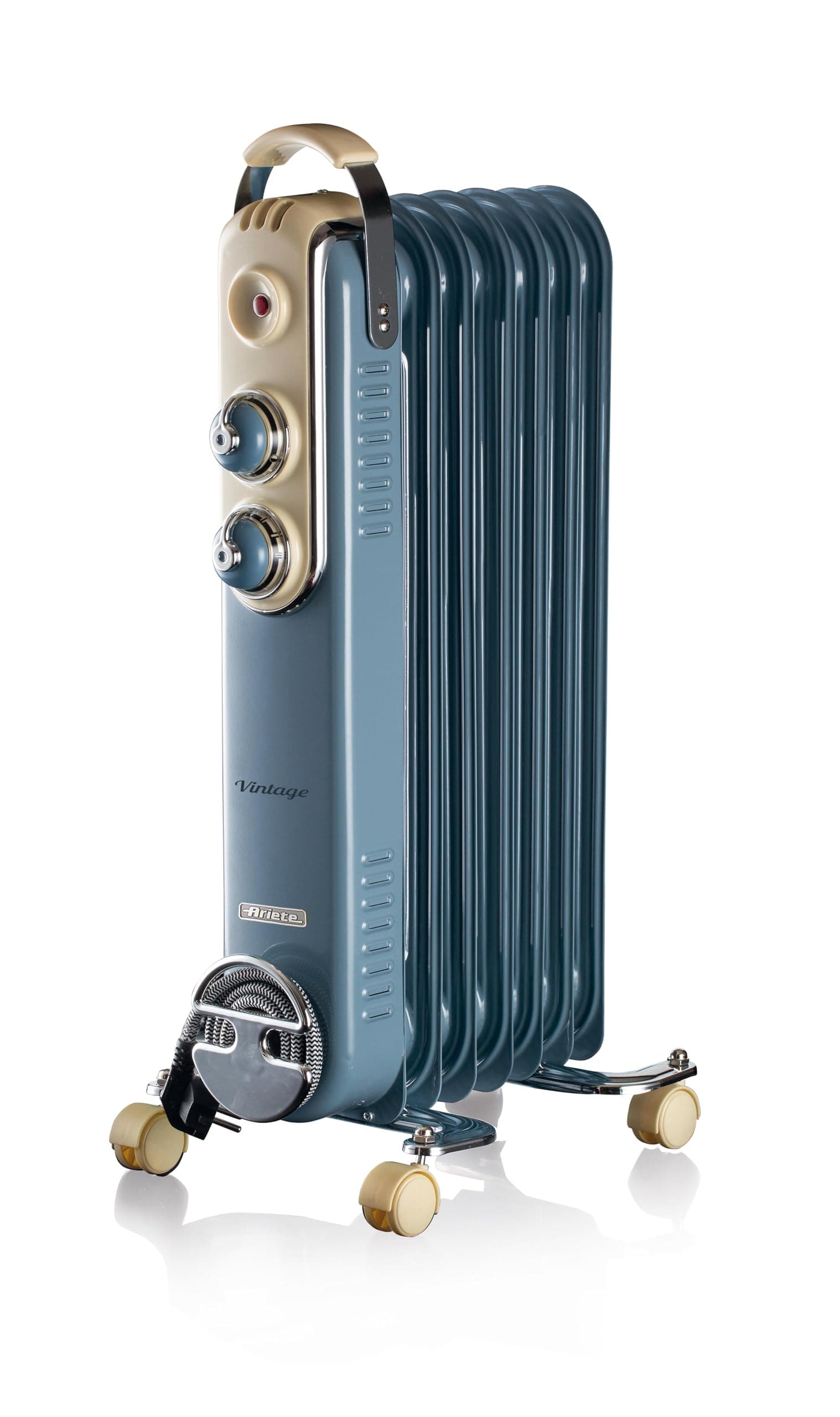 Ariete Vintage Oil Radiator with 7 Heating Elements, Adjustable Temp at 3 Power Levels 600W, 900W, 1500W, Swivel Wheels, Fast Room Heater Ideal for Bedroom, Home & Office - Blue ART837/05