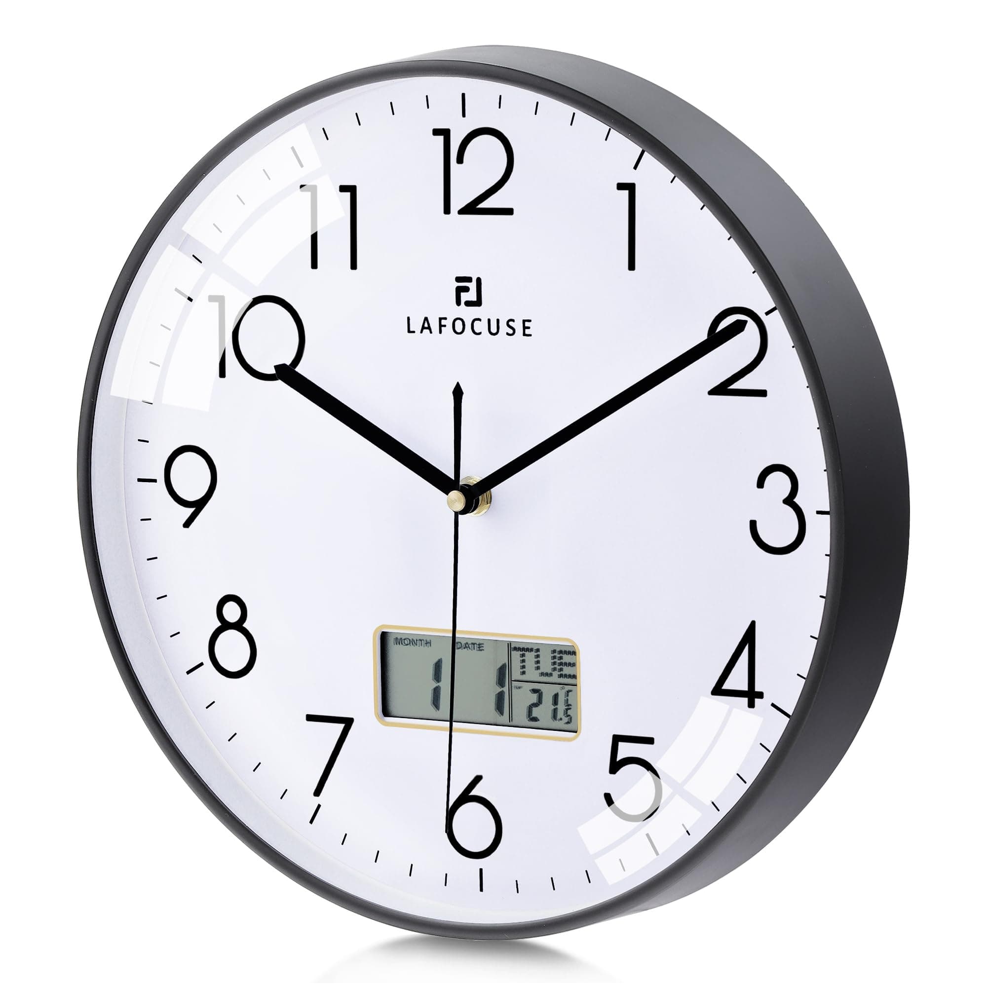 Lafocuse 12 Inch Silent Analog Wall Clock with LCD Display for Calendar and Temperature, Digital Black Wall Clocks with Date and Day Battery Operated Clock for Living Room Bedroom Office