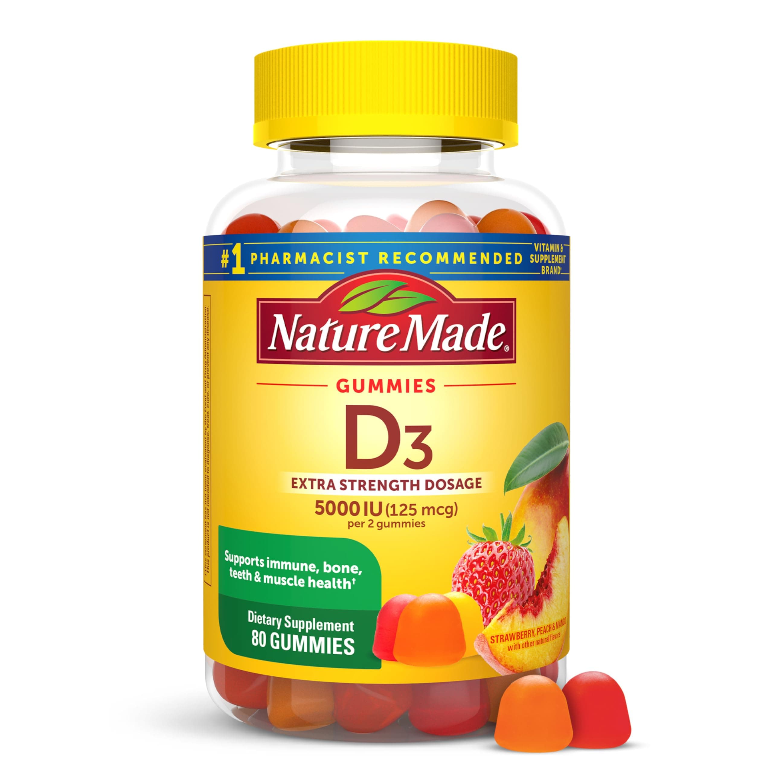 - Nature Made Vitamin D3 5000 IU Per Serving Gummies Extra Strength, Bone and Immune Health Support, 80 Vitamin D Gummies for Adults, 40 Day Supply