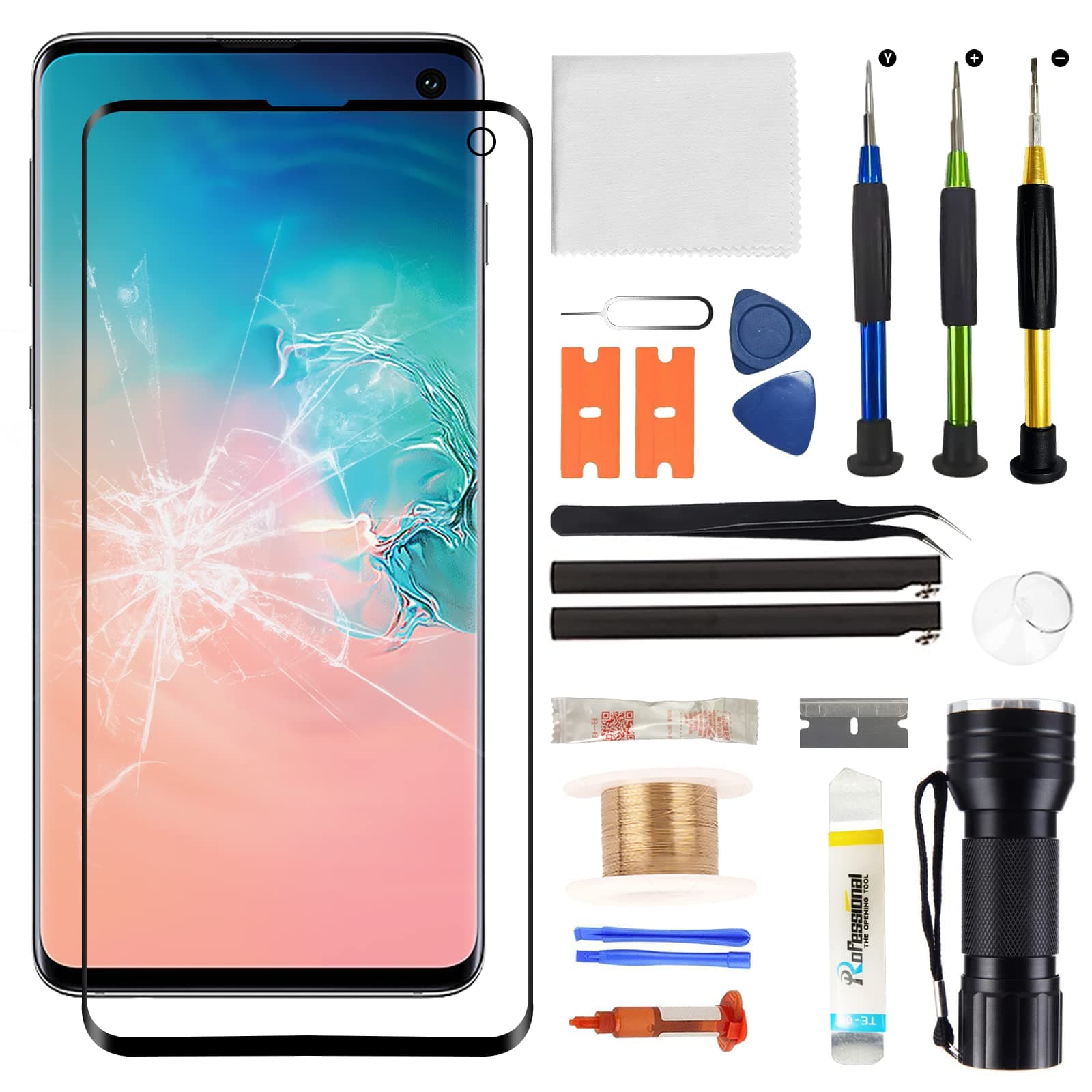 Front Glass Screen Replacement for Galaxy S10 - Compatible with Samsung Galaxy S10 G973 Series 6.1 inch & Complete Repair Tools Kit(NO OLED Screen & Digitizer Touch)