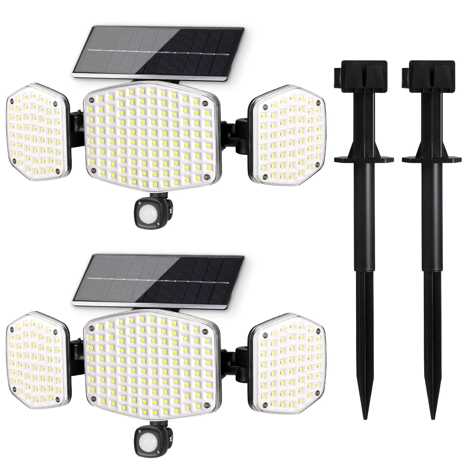 Solar Motion Sensor Outdoor Lights with Stakes, In-Ground or Wall Mount, 270° Wide Angle Illumination, 208 LED Solar Powered Security Flood Lights, IP65 Waterproof, 2 Pack