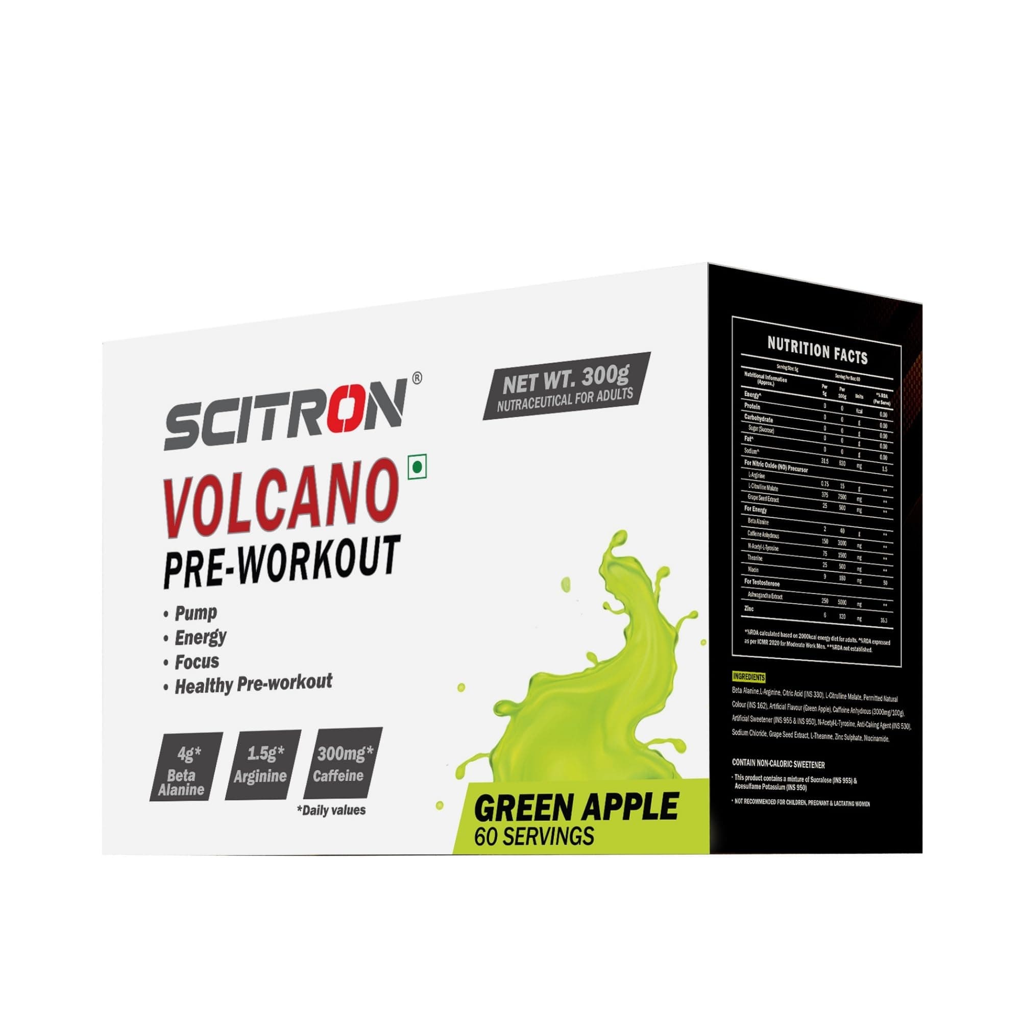 Volcano Pre Workout 300g - (60 Servings | 4g Beta Alanine | 1.5g Arginine | 300mg Caffeine | 0g Sugar | Boost Energy & Focus| Healthy Pre-workout) (Green Apple)
