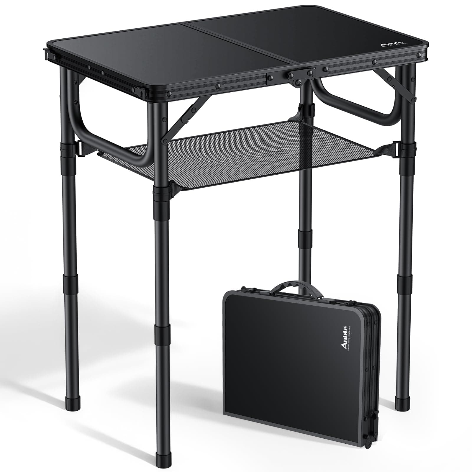 Anbte Folding Camping Table with Storage Net, Pure Black Aluminum 2ft Picnic Table 23.2" x 16" Outdoor Table Adjustable Height Max 27.5", Lightweight, Waterproof, Portable Handle for Travel Cooking