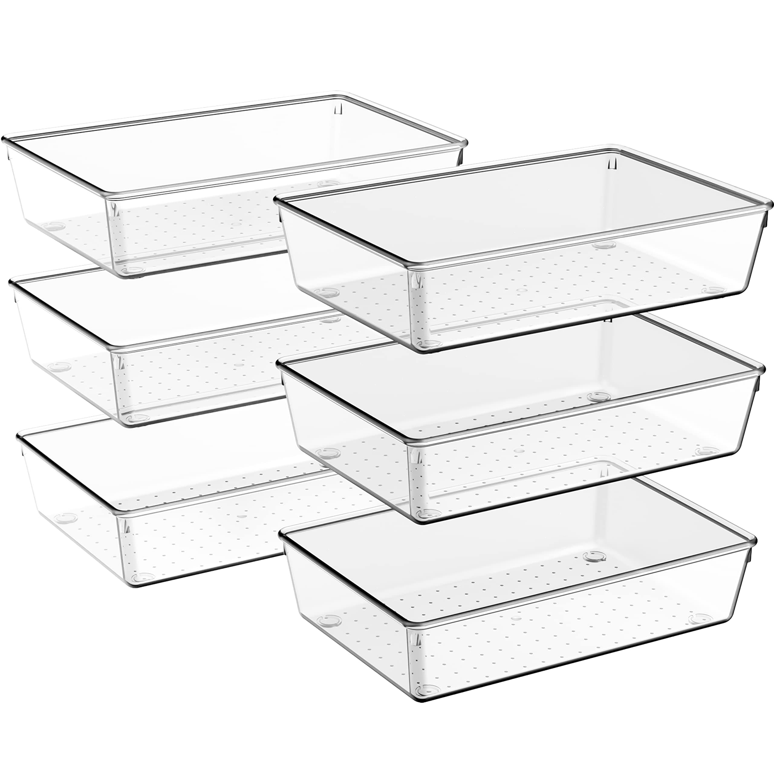 - 6 Pack Large Size Clear Plastic Versatile Acrylic Stackable Drawer Organizer Trays, Storage Bins for Makeup, Bathroom, Kitchen and Office,(22.86 x 15.24 x 5.08 cm)