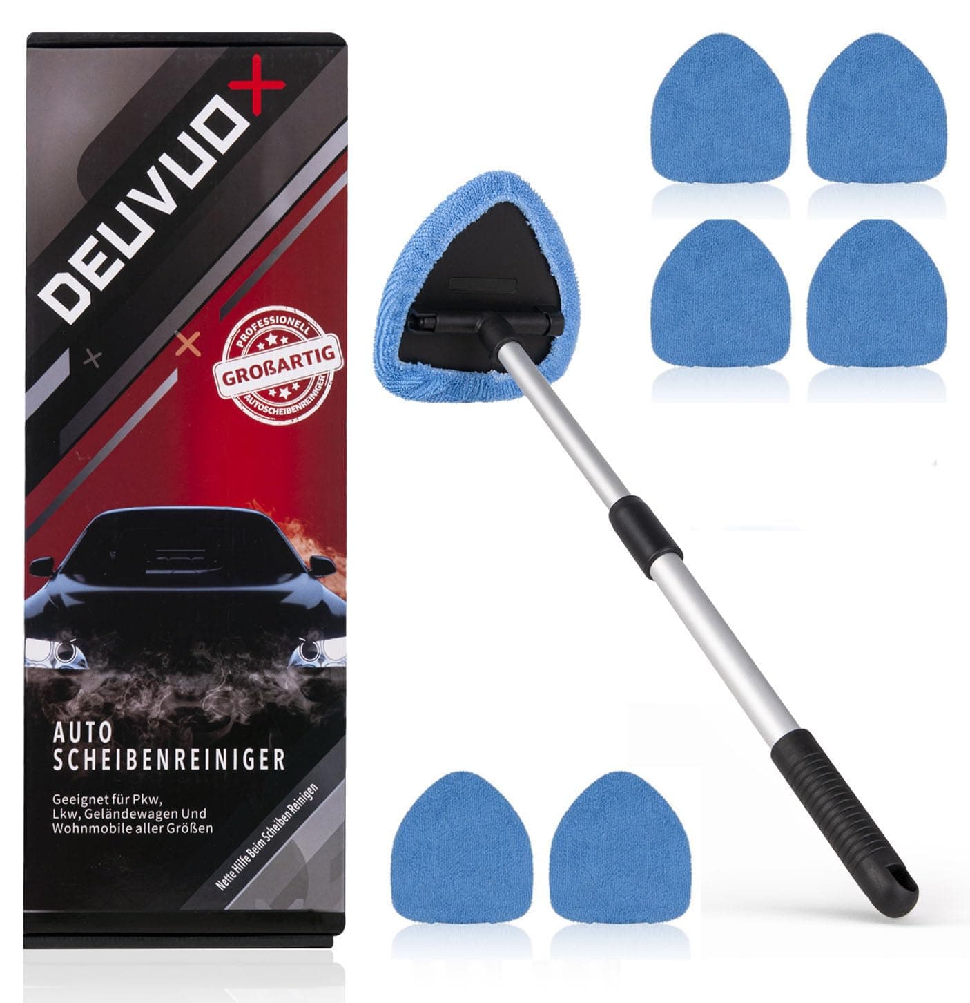 deuvuo Upgraded Windshield Cleaning Tool, Expandable Car Window Cleaner with 6 Reusable Microfiber Pads, 2 Spray Bottles, Multifunctional Auto Windshield Glass Cleaner Tool Set