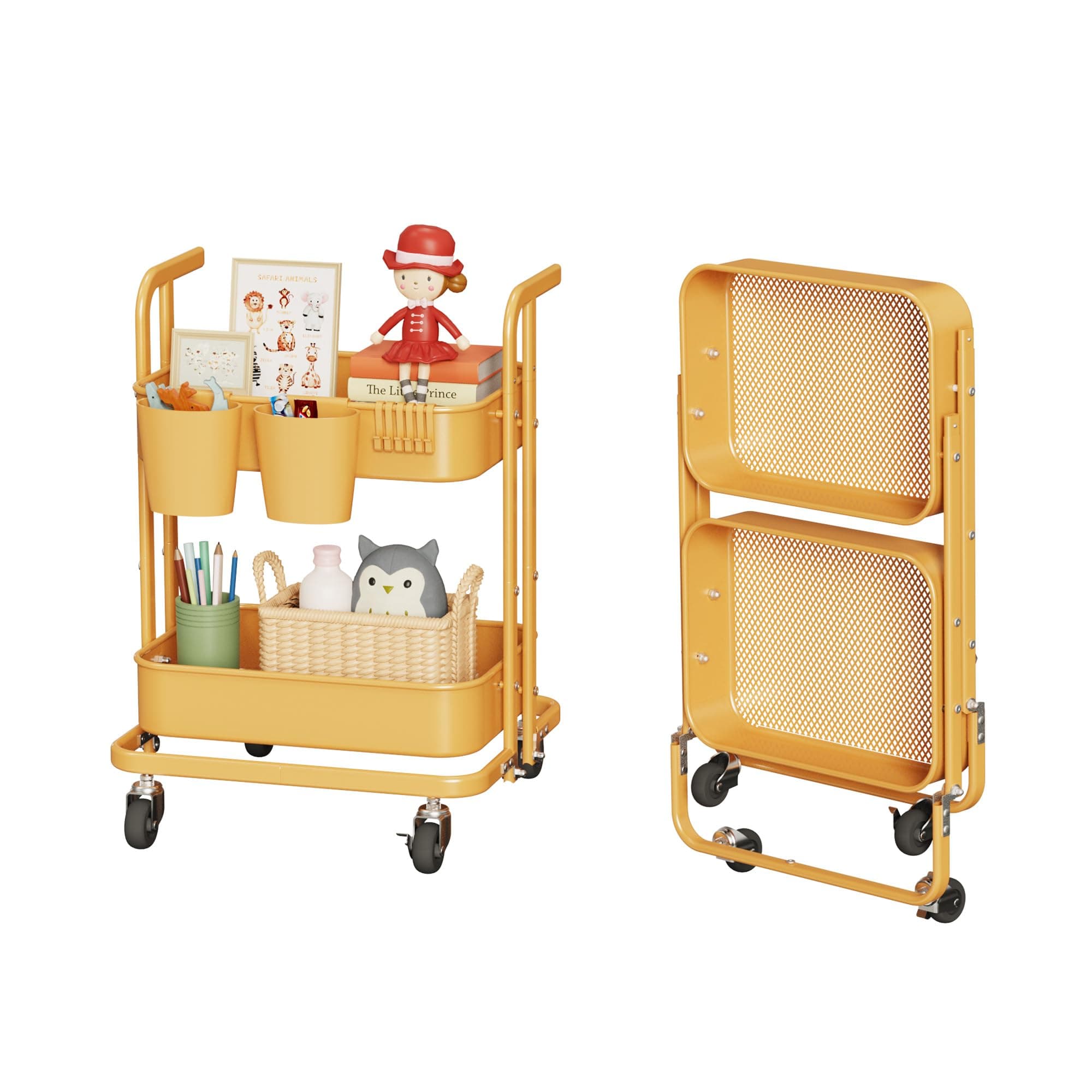 Merapi 2 Tier Rolling Cart, Metal Utility Cart with Wheels, Foldable Under Desk Storage Cart, Small Folding Bookshelf Trolley for Living Room, Kitchen, Bathroom, Bedroom and Office,Pale Marigold