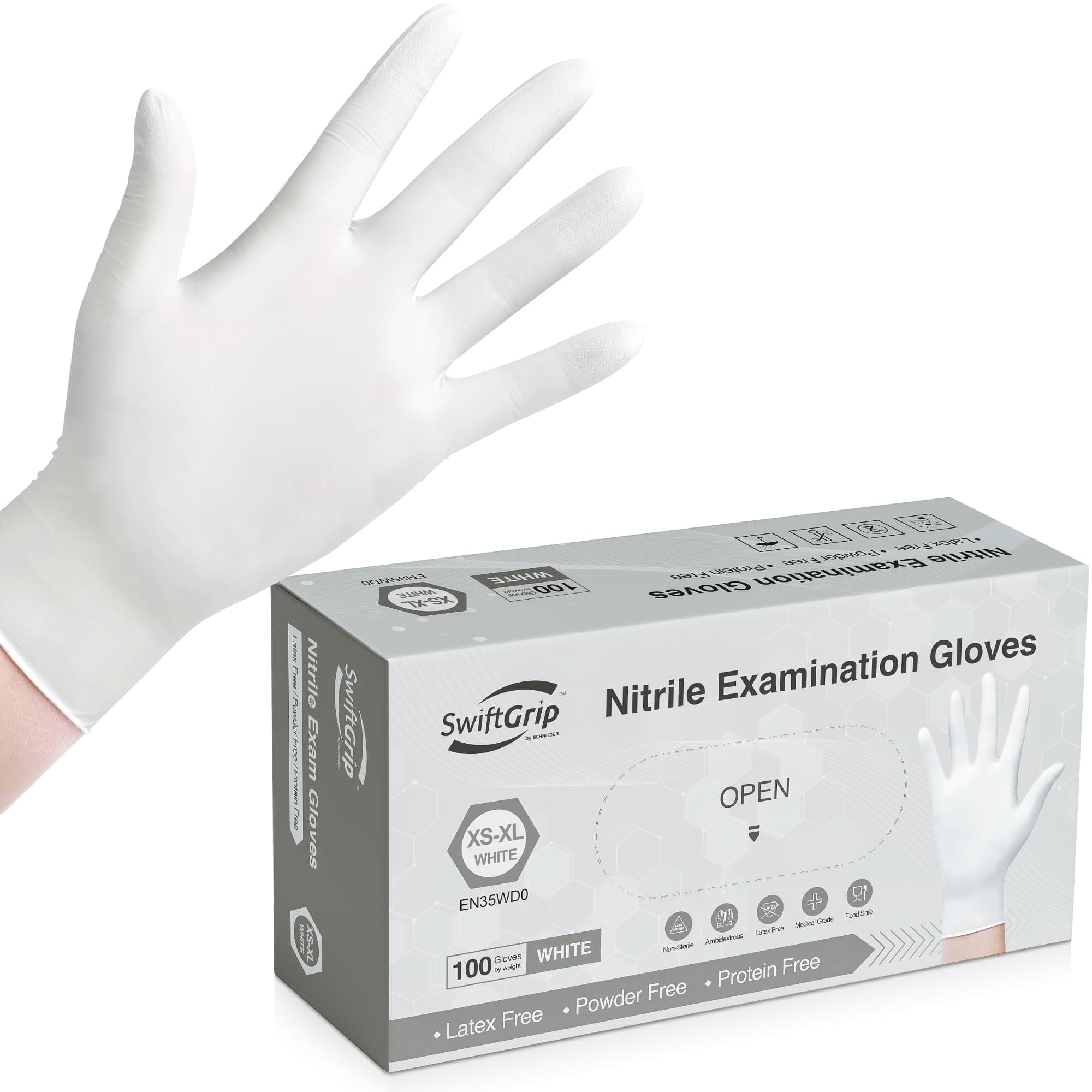Disposable Nitrile Exam Gloves, 3-mil, X-Small, Box of 100, White Nitrile Gloves Disposable Latex Free for Medical, Cleaning, Cooking & Esthetician, Food-Safe, Powder-Free, Non-SterileClimatePartner certified
