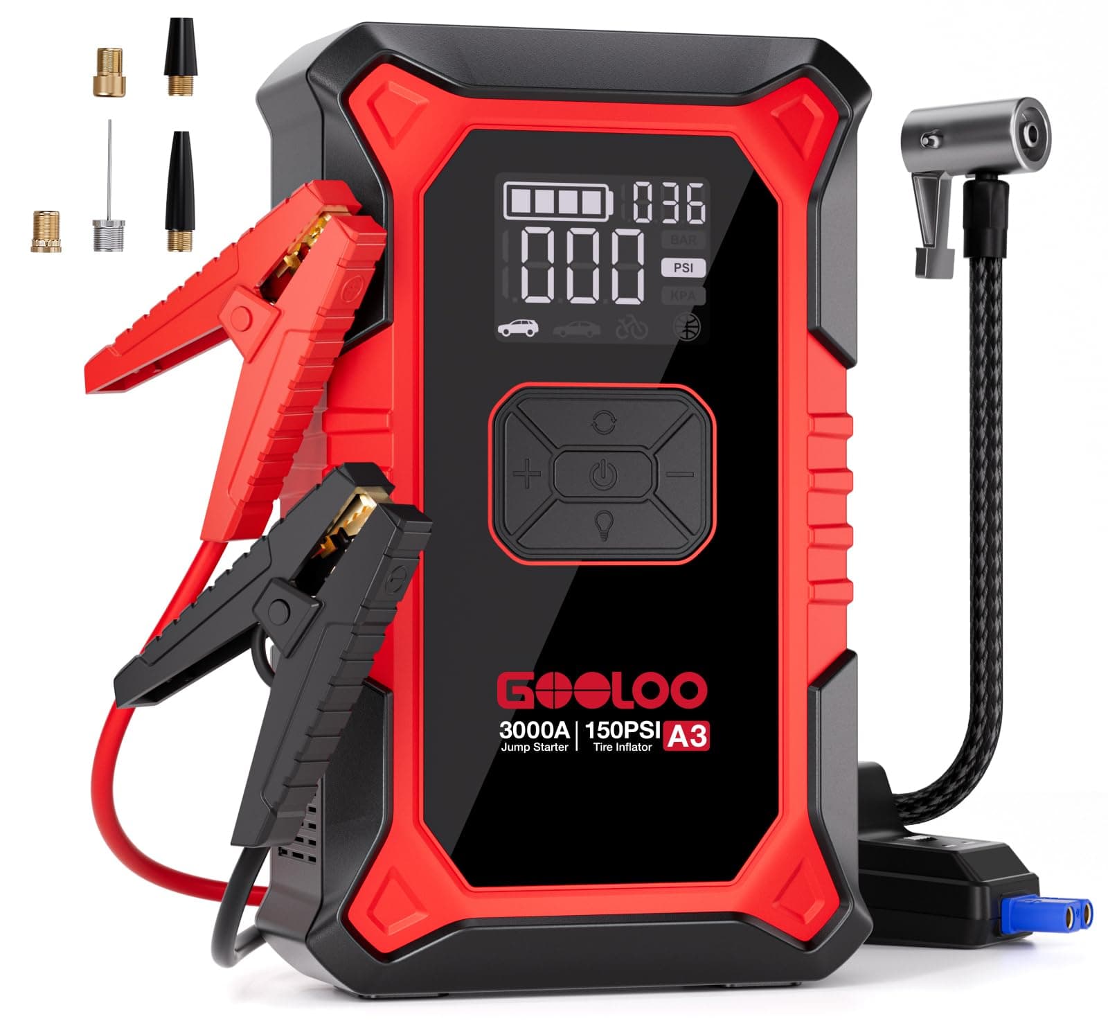 A3 Jump Starter with Air Compressor, 3000A Portable Car Battery Booster (9.0 Gas/6.5L Diesel) with 150PSI Auto-Shutoff Tire Inflator, 12V Supersafe Lithium Jump Box Car Battery Jumper Starter