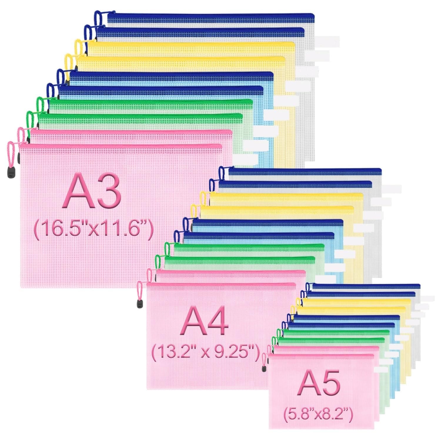 Benting 30 Pack Zipper Pouch Document Bag,Letter Size Waterproof Document Pouch for School Office Supplies Cross Stitch Organizing Storage 5 Colors (A3-10Pack A4-10Pack A5-10Pack)