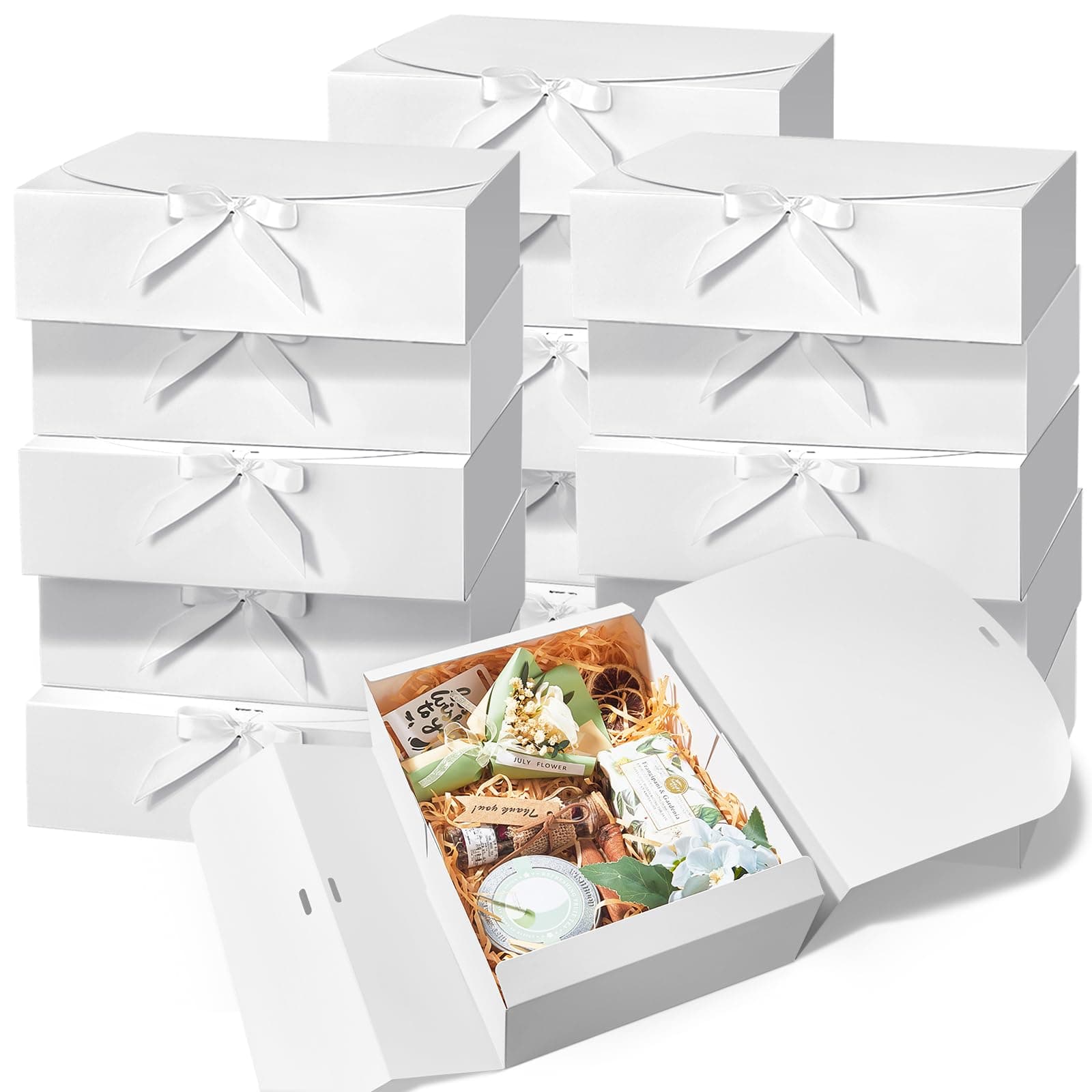 Kucoele 15 PCS Gift Boxes with Lids for Presents, 10.6 x 7.8 x 3.1 Inches White Bridesmaid Proposal Boxes with Ribbons for Wedding, Birthday, Party and Bride Shower Packaging
