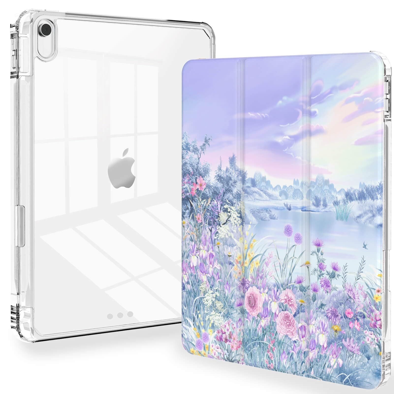 Feams iPad 10th Gen 10.9 Inch Case - Slim, Lightweight Trifold Cover with Clear Back, Pencil Holder & Auto Sleep/Wake - Purple Garden