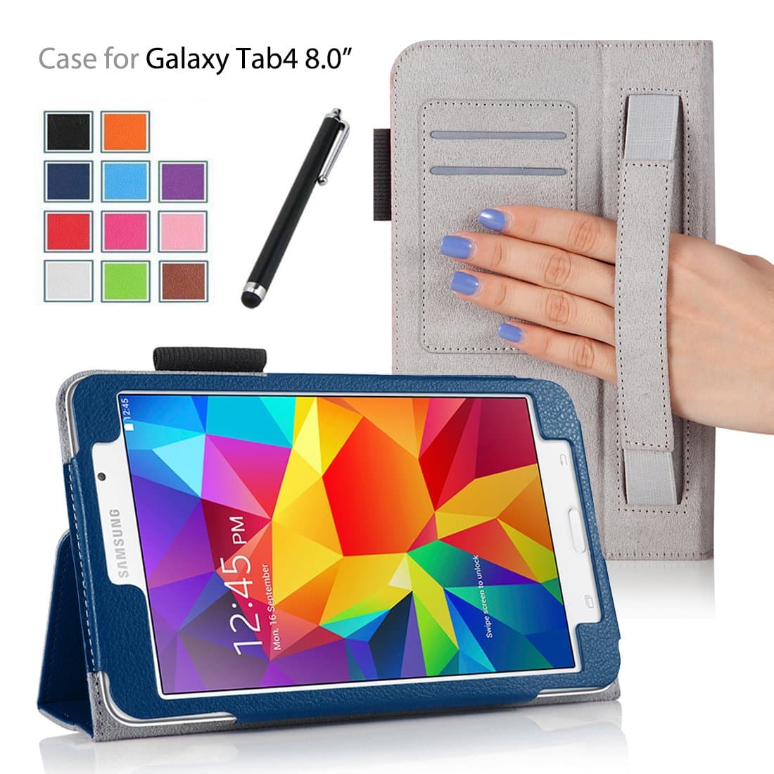 onWay Samsung Galaxy Tab 4 8.0 Case - Slim Folding Protective Case Cover for Samsung Galaxy Tab 4 8.0 Inch Tablet (SM-T330) and Free stylus pen (with Smart Cover Auto Wake/Sleep, Elastic Hand Strap,Card Holder,Multi-Angle) (for-Galaxy Tab 4 8.0", Dark Blue)
