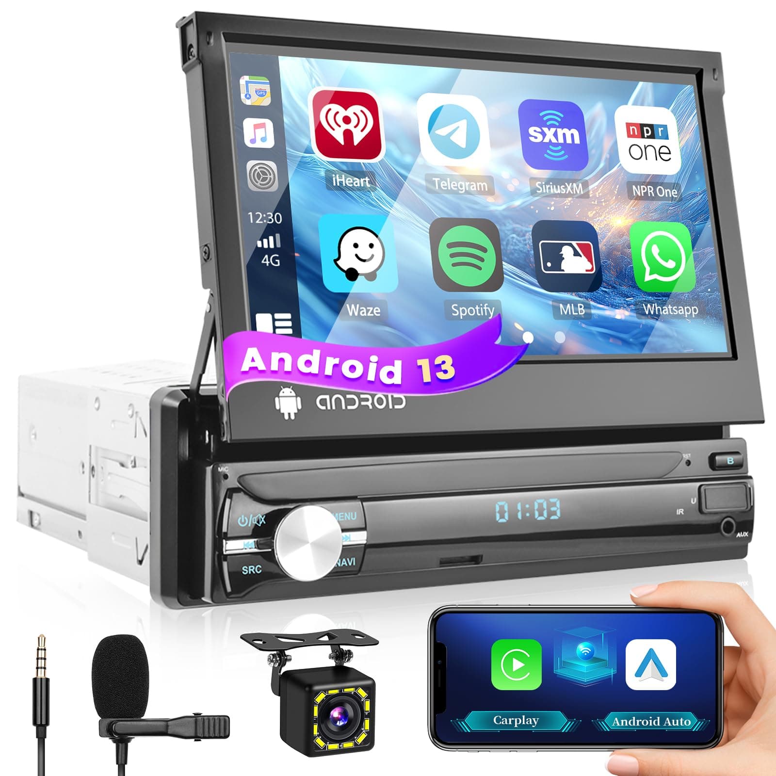 Hikity Android Single Din Car Stereo with 7 Inch Manual Flip Out Touch Screen, Car Radio Bluetooth Mirror Link WiFi GPS FM RDS Radio SWC USB 1+32GB +External Microphone+Backup Camera
