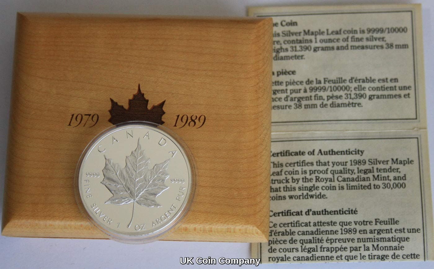 1989 Royal Canadian Mint Maple Leaf 1 oz Silver Proof Coin Box And Certificate Of Authenticity Scarce Coin